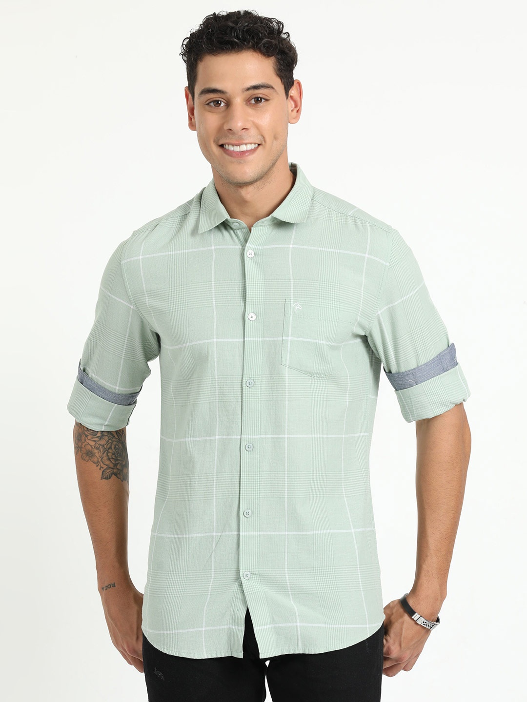 

CP BRO India Slim Fit Windowpane Checked Cotton Casual Shirt, Green