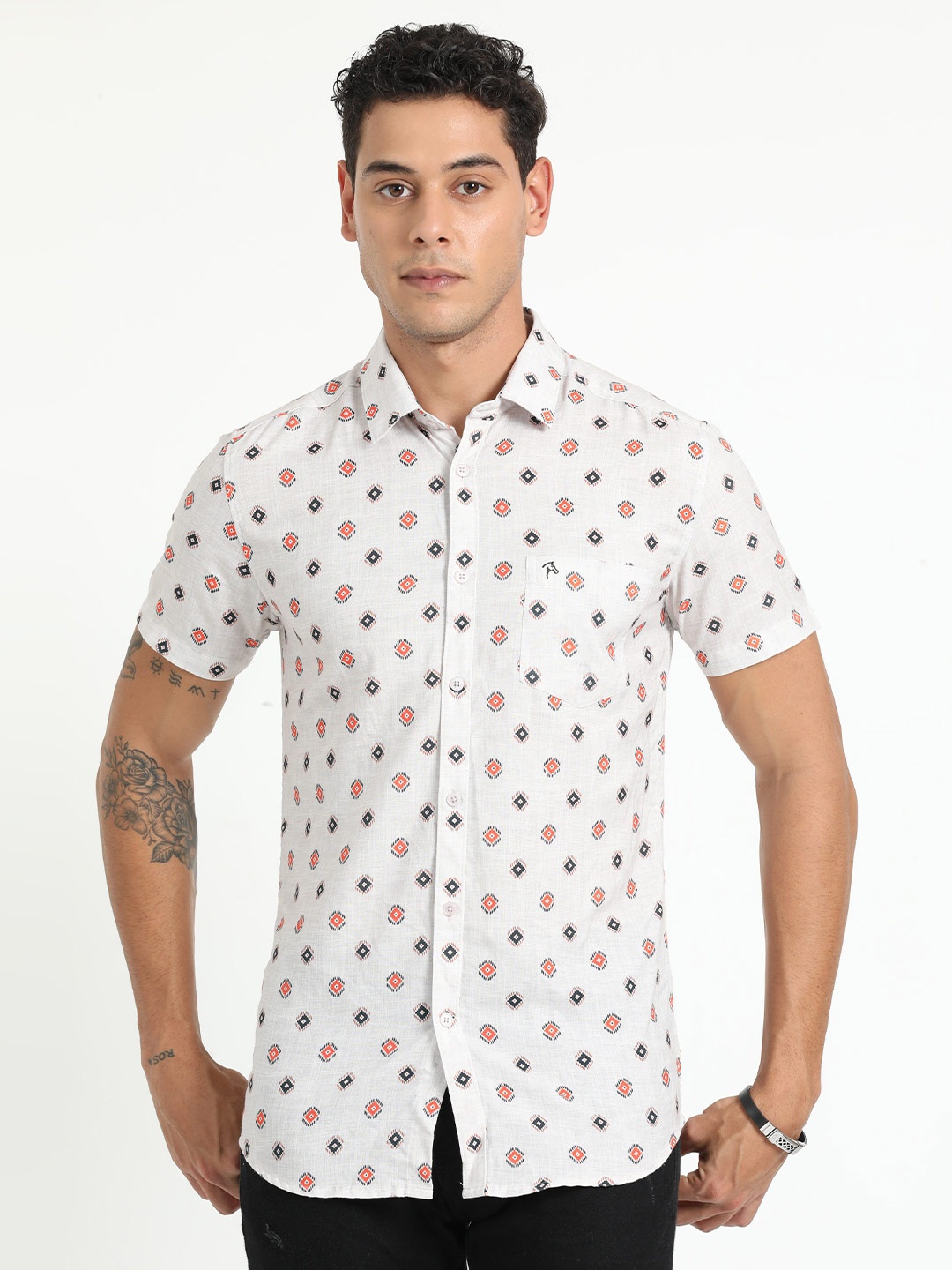 

CP BRO Slim Fit Printed Spread Collar Short Sleeves Cotton Casual Shirt, White