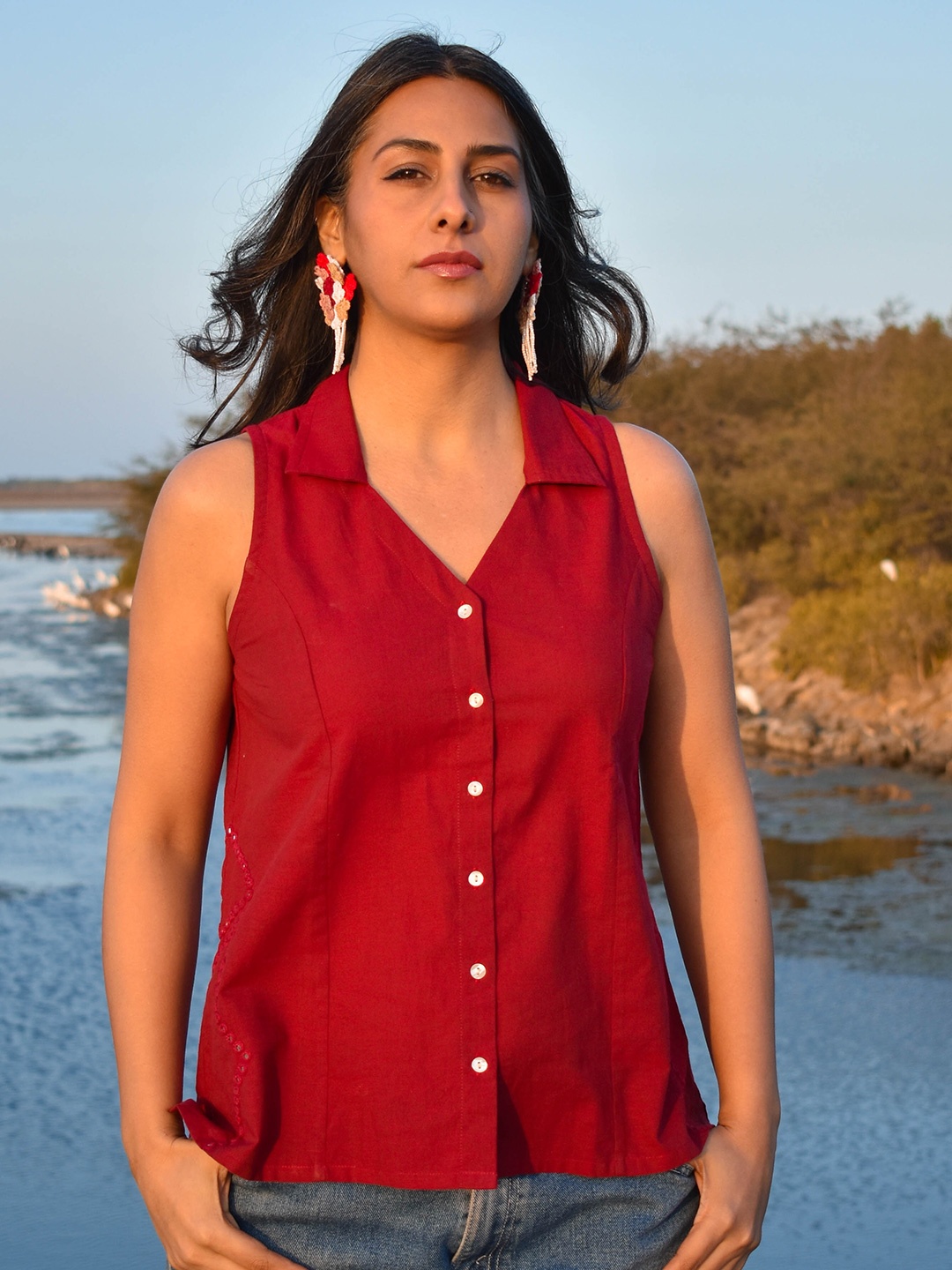 

OKHAI Sleeveless Cotton Shirt Style Top, Red
