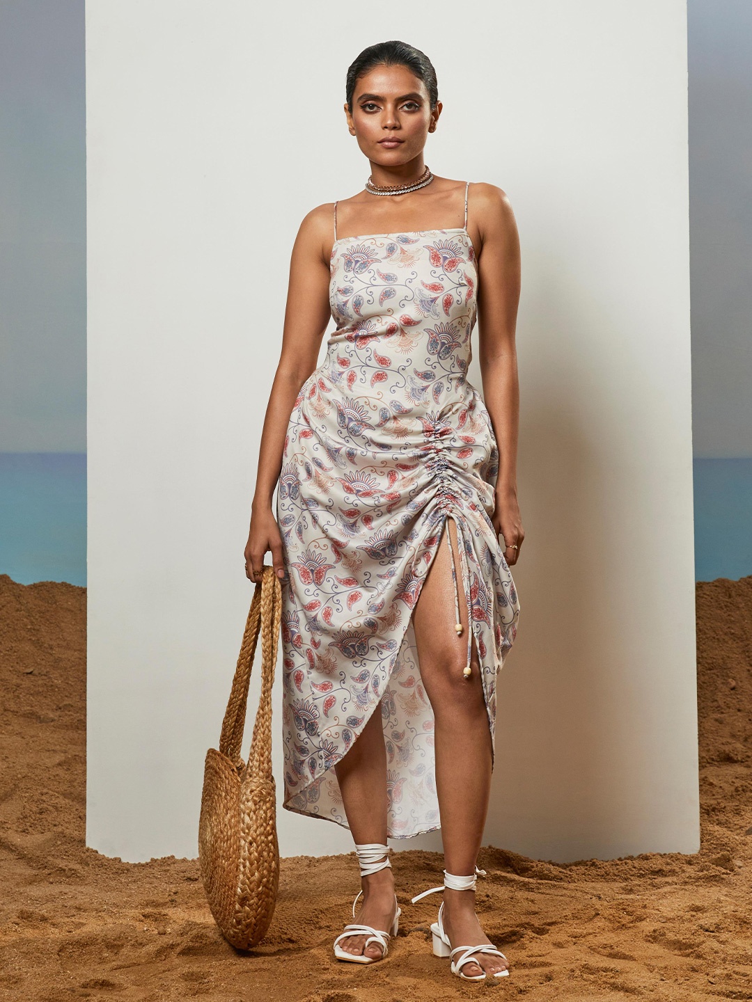 

CMGE Floral Printed Shoulder Straps Satin A-Line Maxi Dress, Multi