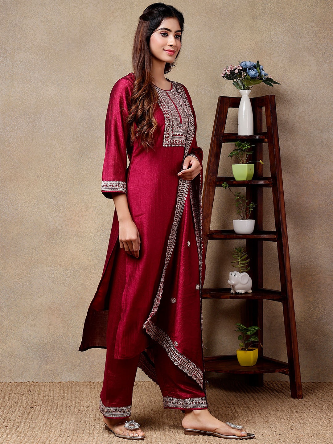 

J.KANJI Ethnic Motifs Yoke Design Zari Straight Kurta With Palazzos & Dupatta, Burgundy