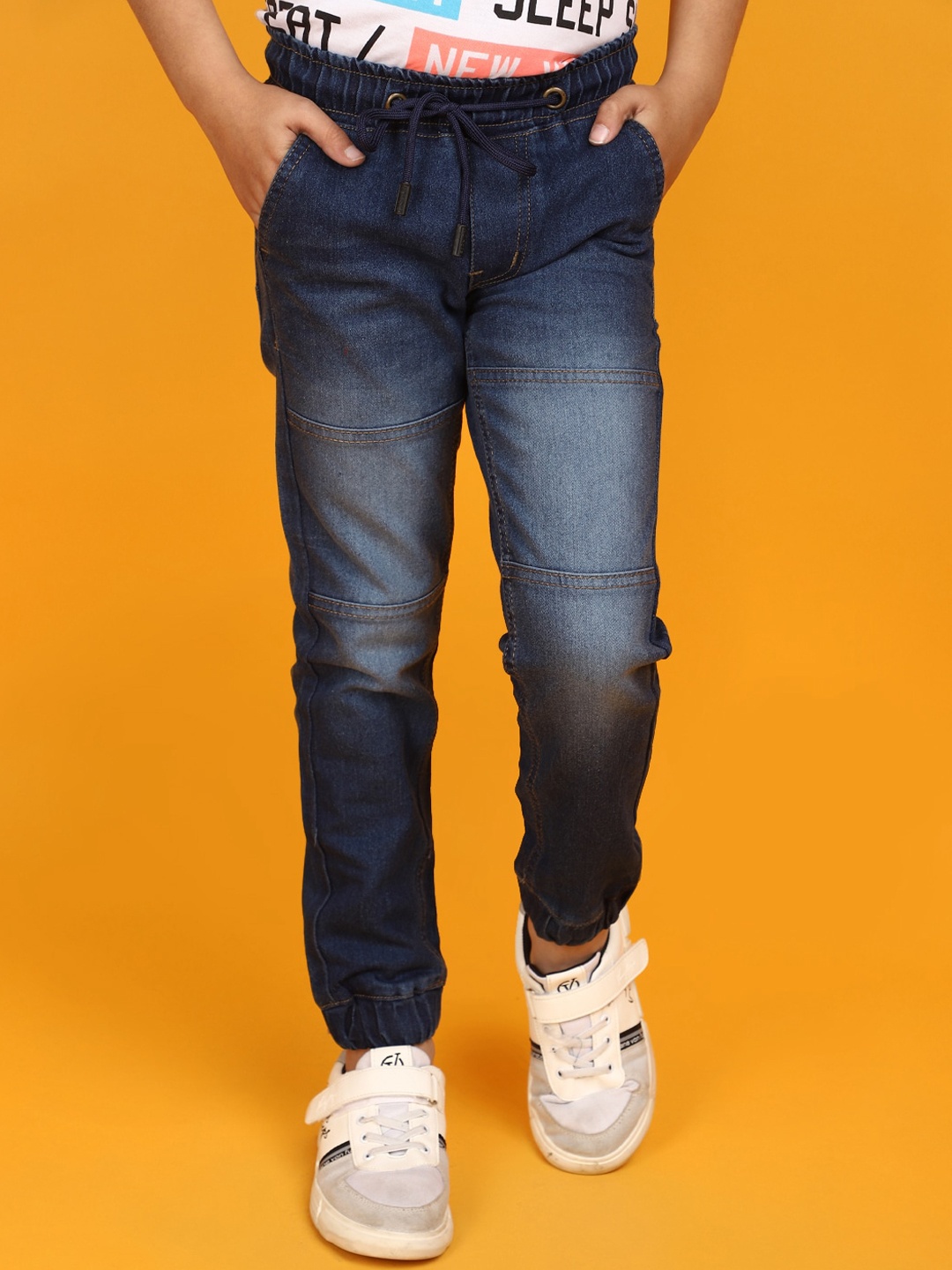 

V-Mart Boys Mid-Rise Heavy Fade Clean Look Denim Joggers, Navy blue