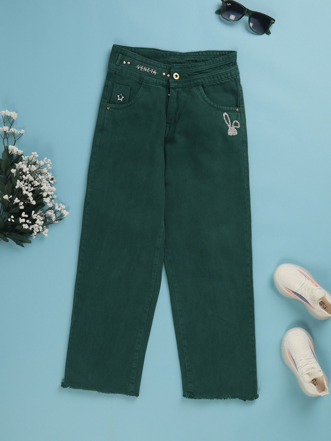 

V-Mart Girls Mid-Rise Clean Look Cotton Denim Jeans, Green