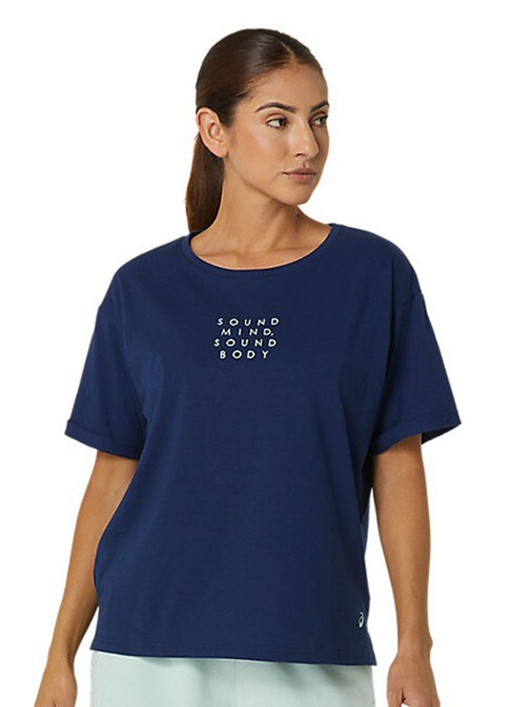 

ASICS Typography Printed Round Neck Drop-Shoulder Sleeves Relaxed Fit Cotton T-shirt, Blue
