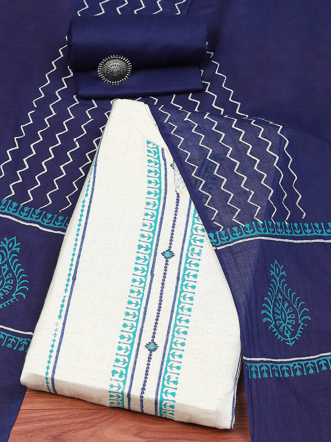 

Biba Ethnic Motifs Printed Mirror Work Unstitched Dress Material, Navy blue