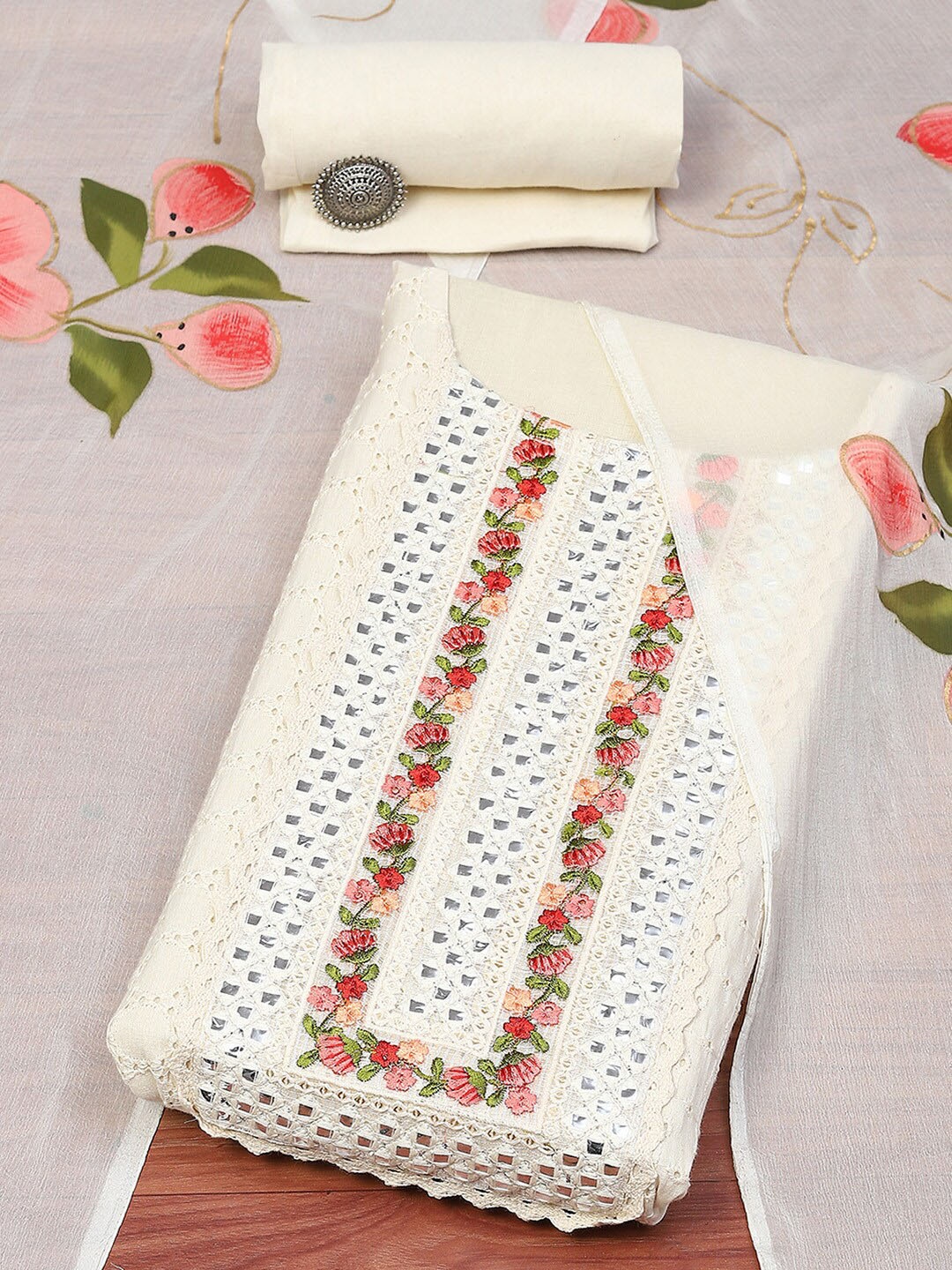 

Biba Floral Embroidered Mirror Work Unstitched Dress Material, Off white
