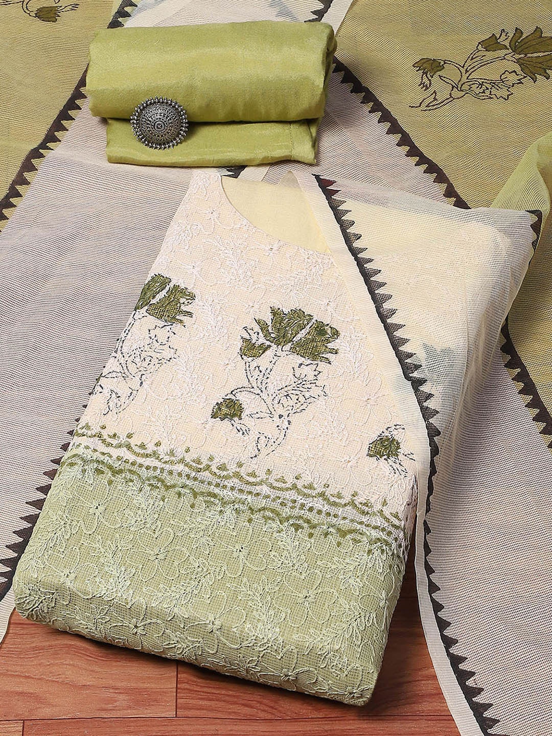 

Biba Floral Embroidered Unstitched Dress Material, Olive