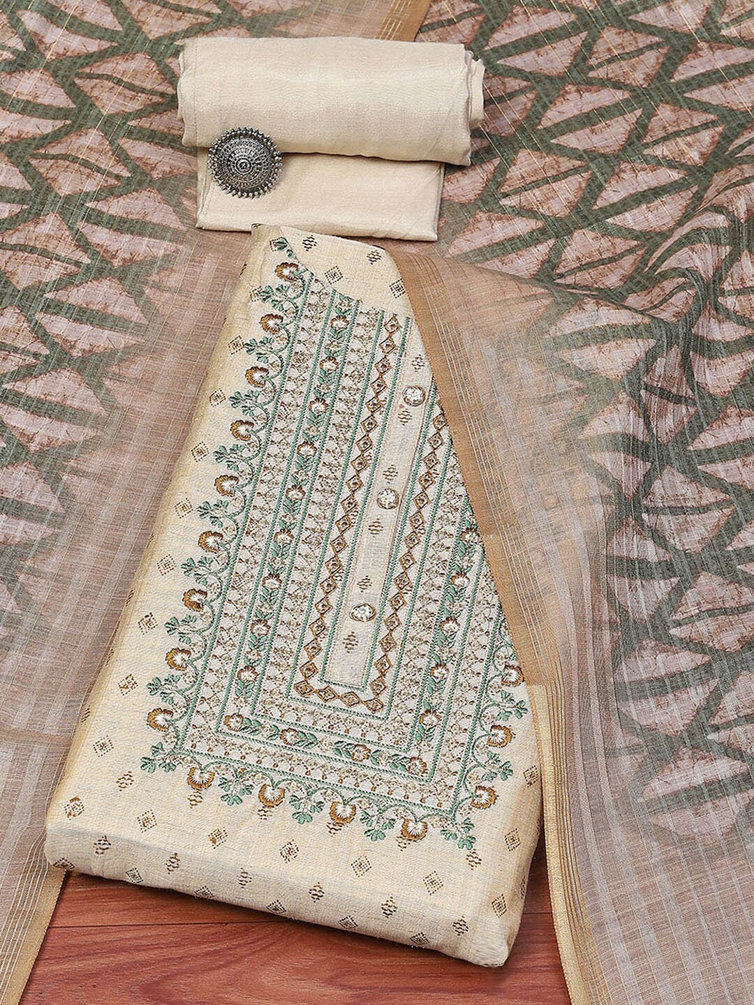

Biba Geometric Printed Embroidered Unstitched Dress Material, Beige