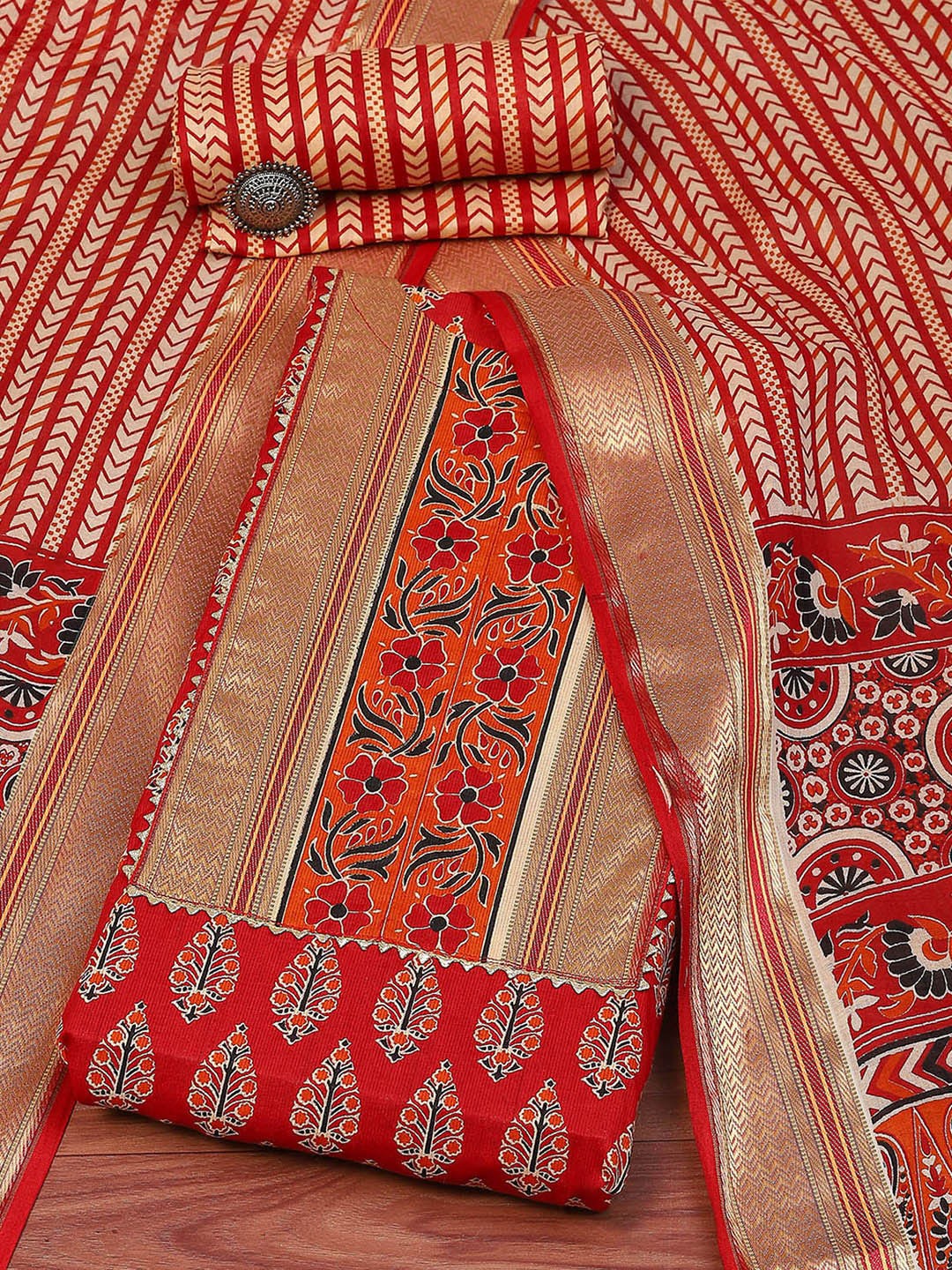 

Biba Ethnic Motifs Printed Gotta Patti Unstitched Dress Material, Red