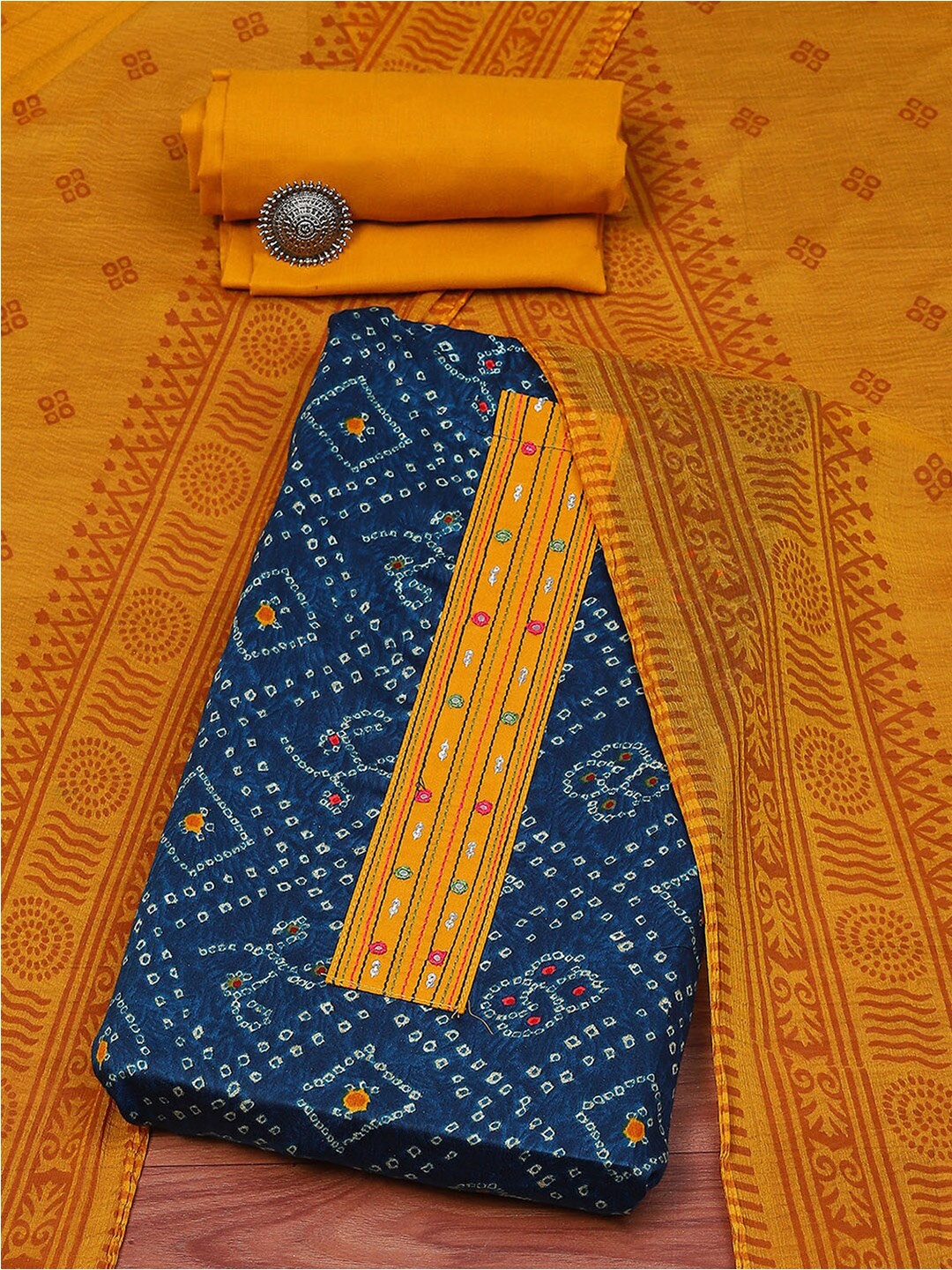 

Biba Bandhani Printed Mirror Work Satin Unstitched Dress Material, Blue
