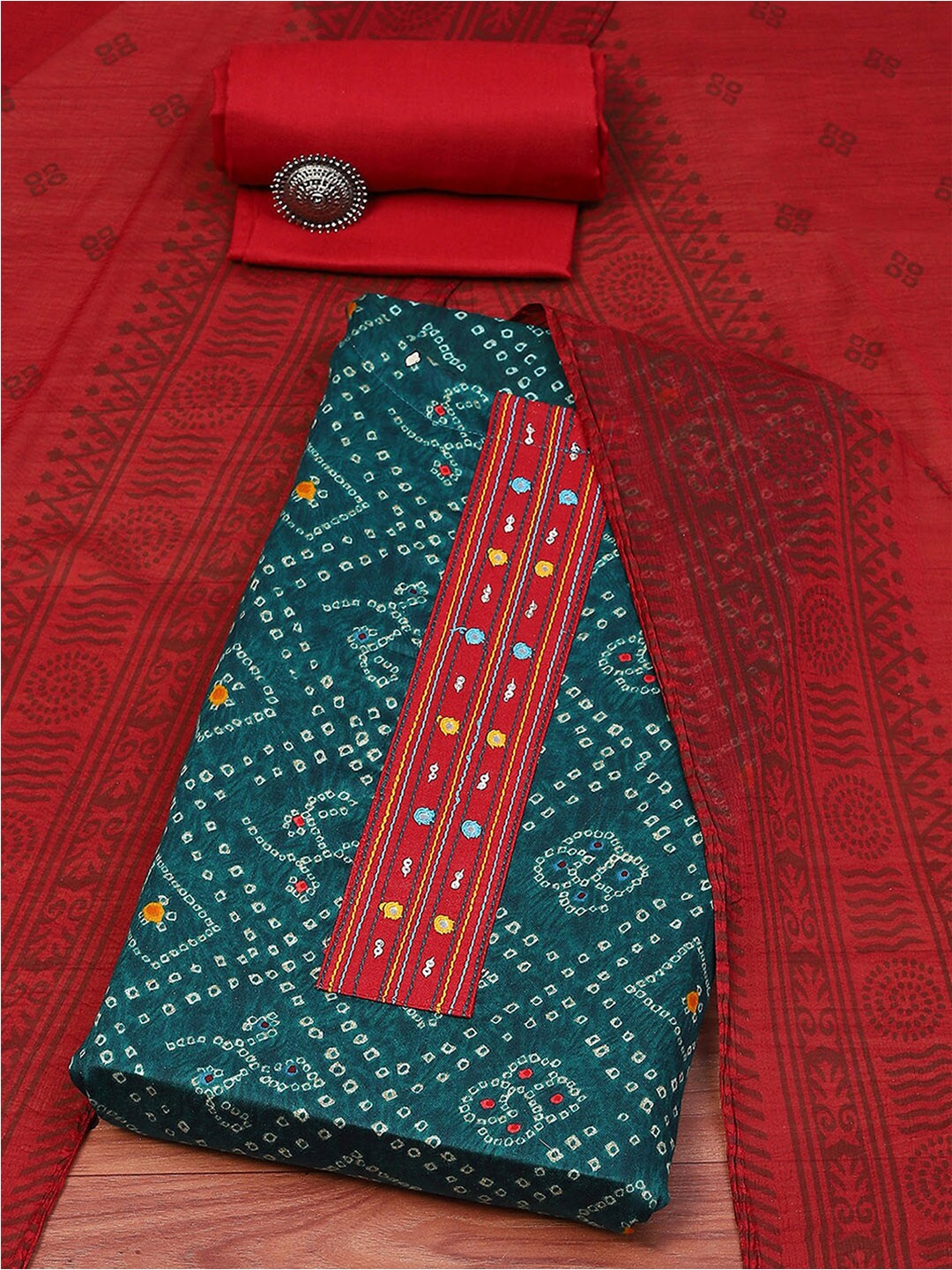 

Biba Bandhani Printed Mirror Work Satin Unstitched Dress Material, Green