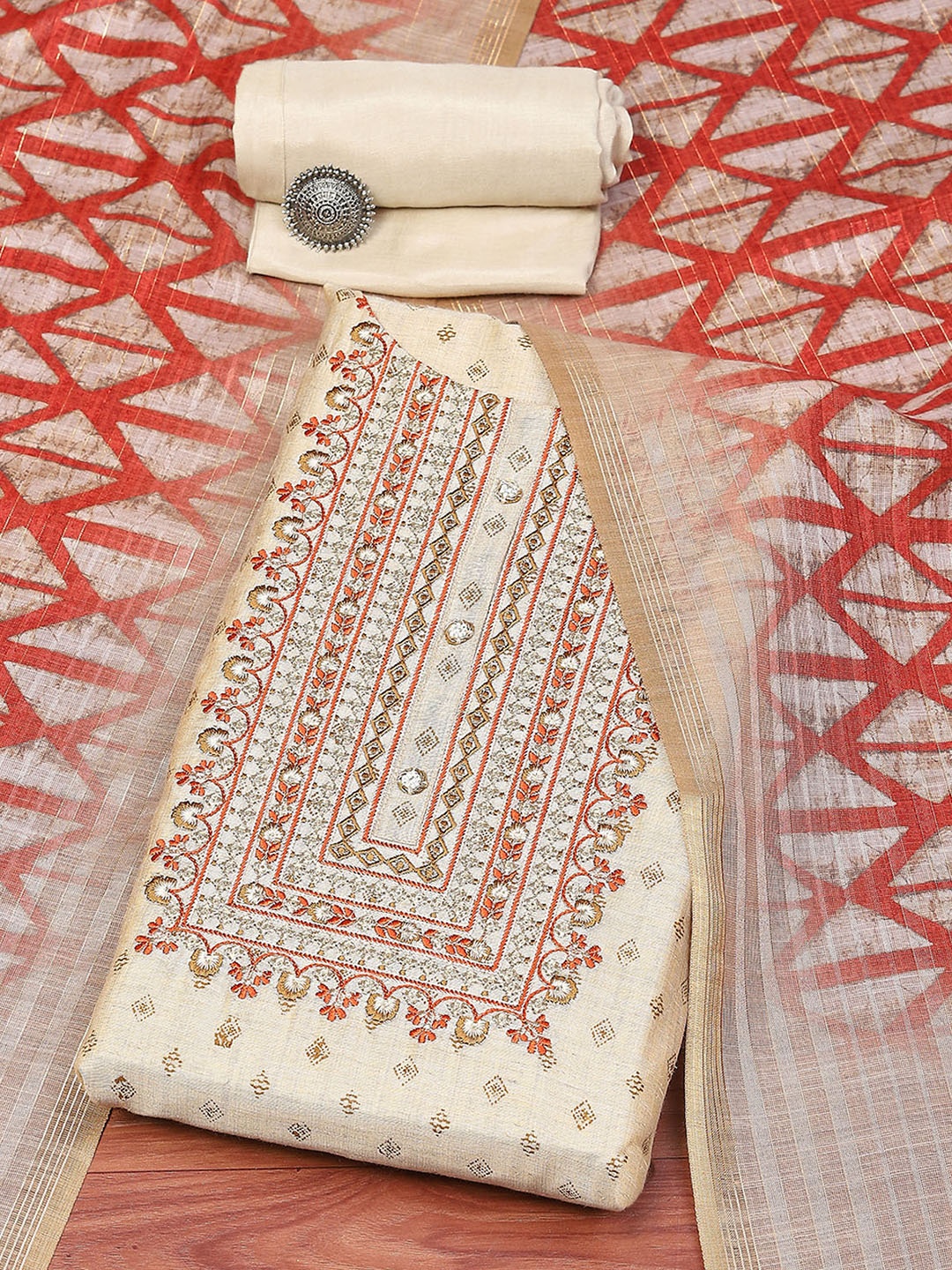 

Biba Ethnic Motifs Embroidered Unstitched Dress Material, Beige