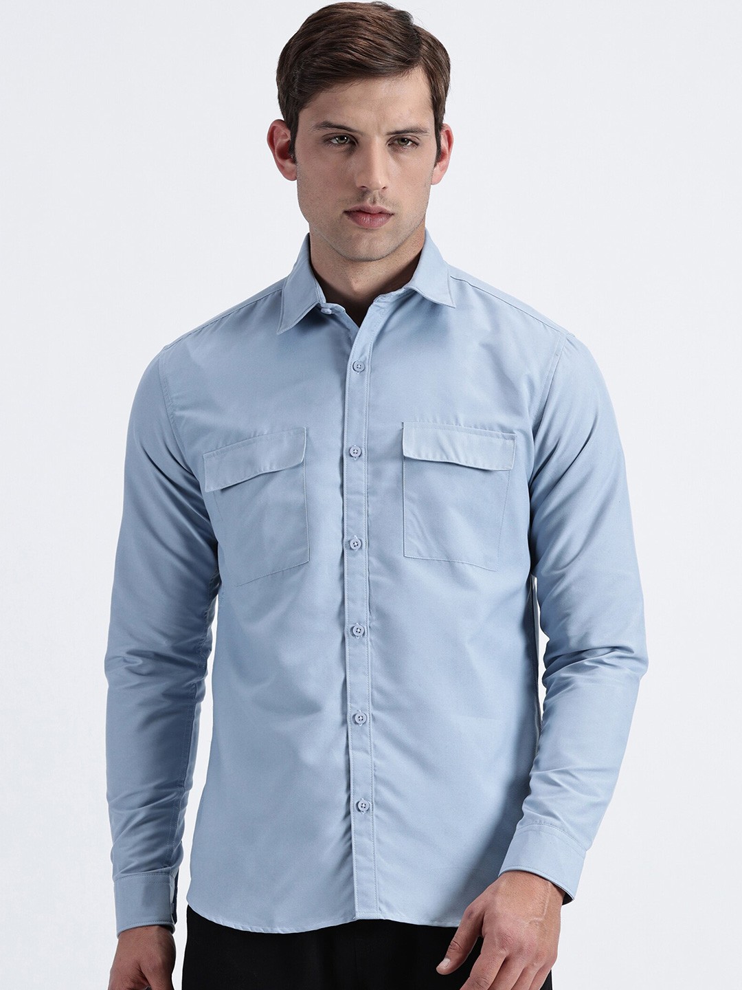 

MISCHIEF MONKEY Spread Collar Long Sleeves Regular Fit Cotton Classic Casual Shirt, Blue