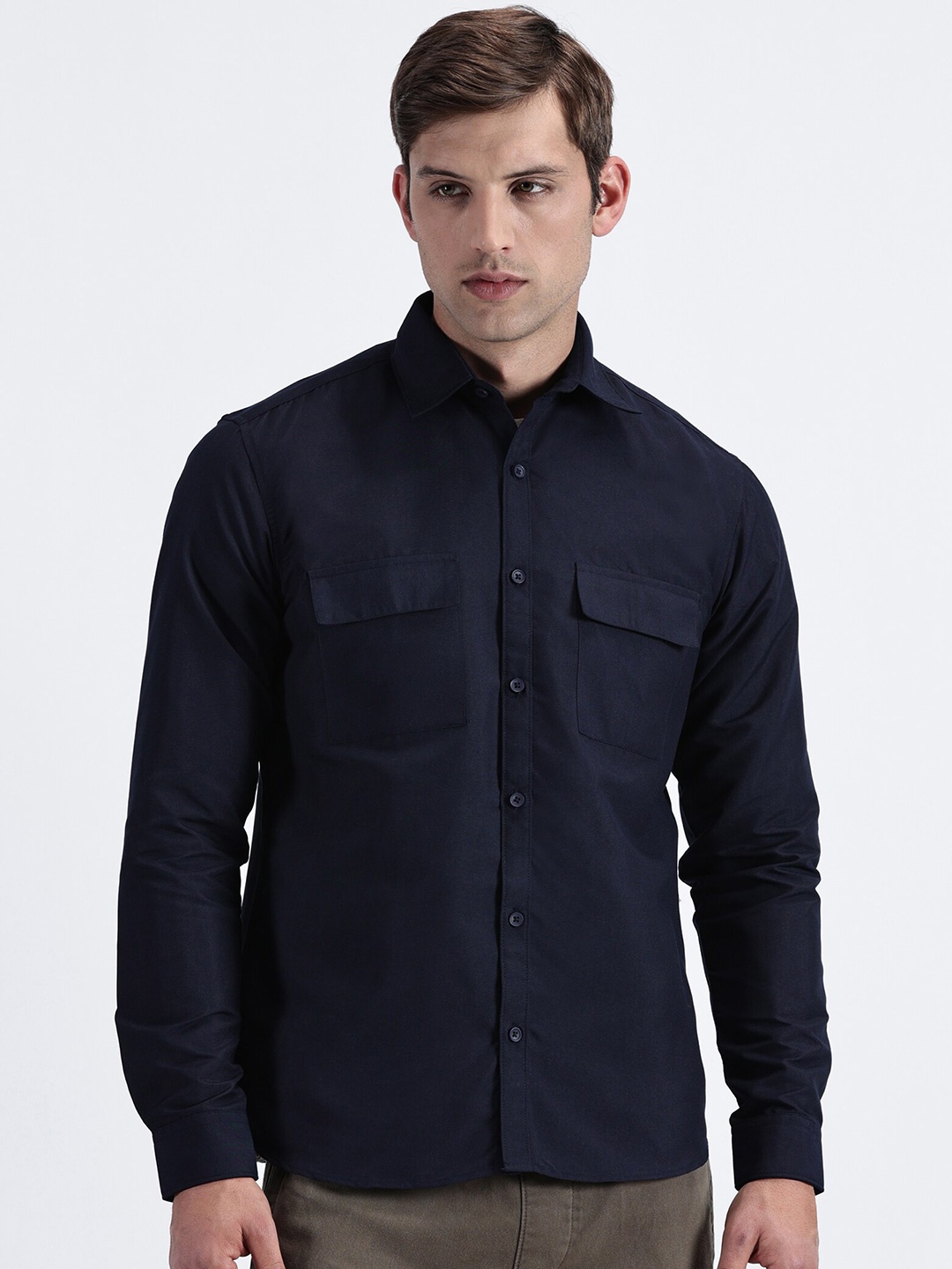 

MISCHIEF MONKEY Spread Collar Long Sleeves Regular Fit Cotton Classic Casual Shirt, Navy blue