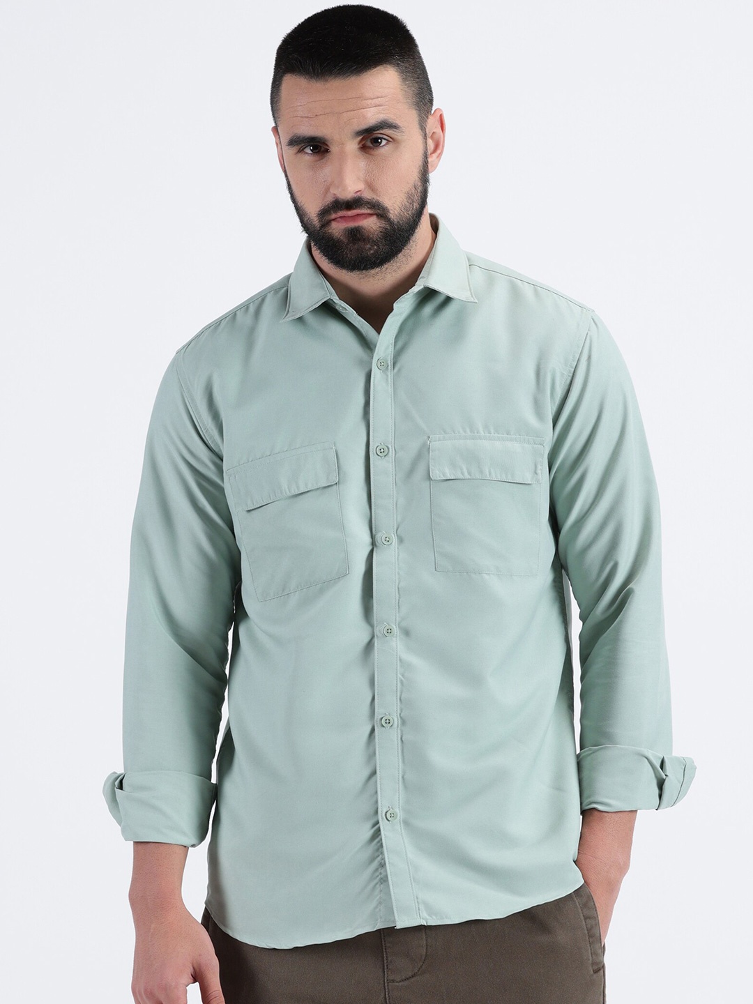 

MISCHIEF MONKEY Spread Collar Long Sleeves Regular Fit Cotton Classic Casual Shirt, Green