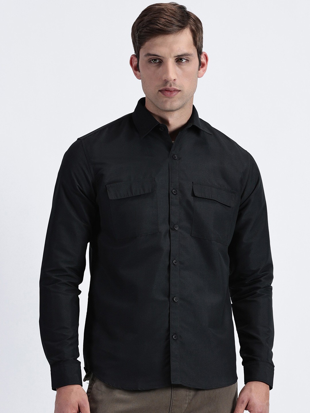 

MISCHIEF MONKEY Spread Collar Long Sleeves Regular Fit Cotton Classic Casual Shirt, Black