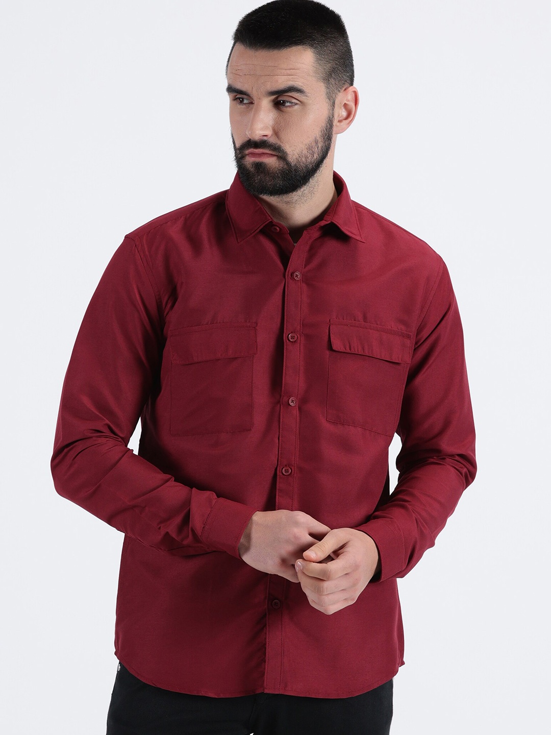 

MISCHIEF MONKEY Spread Collar Long Sleeves Regular Fit Cotton Classic Casual Shirt, Maroon