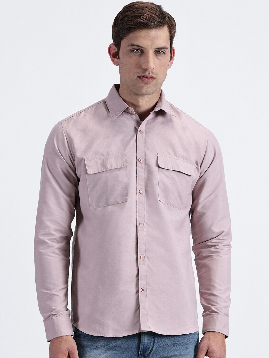 

MISCHIEF MONKEY Spread Collar Long Sleeves Regular Fit Cotton Classic Casual Shirt, Pink