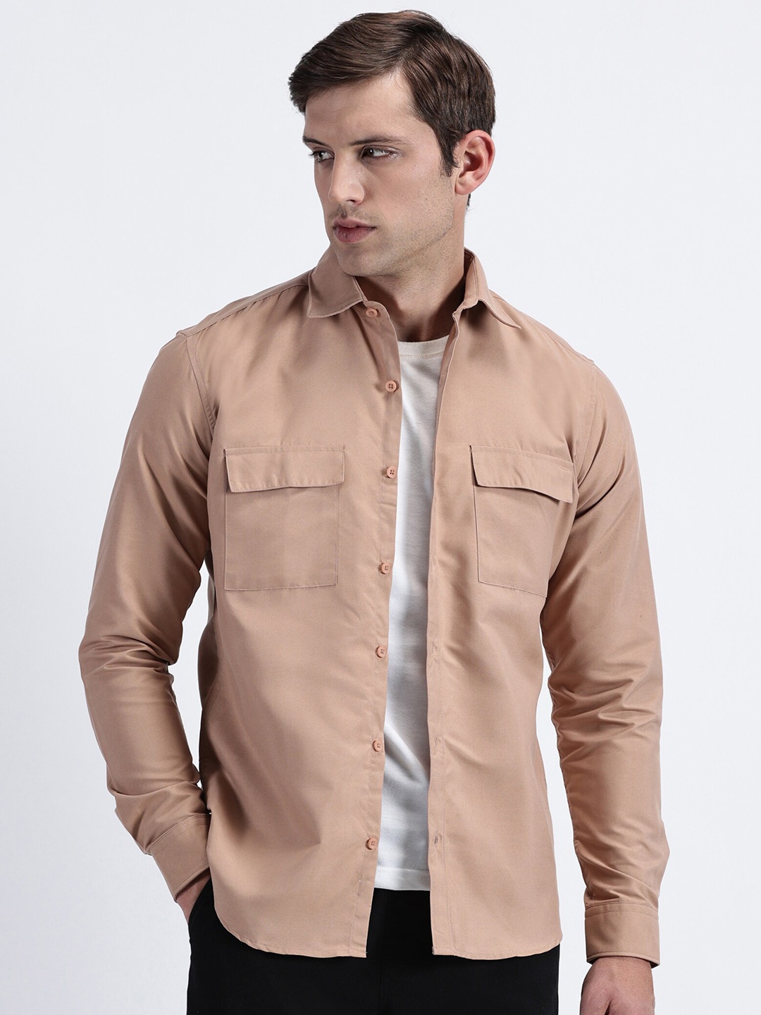

MISCHIEF MONKEY Spread Collar Long Sleeves Regular Fit Cotton Classic Casual Shirt, Tan