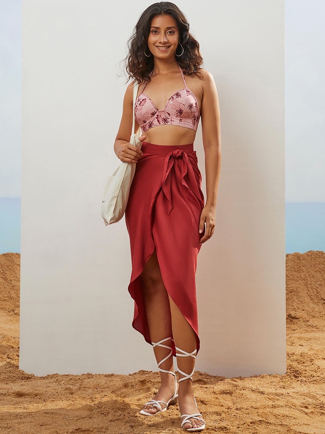 CMGE Pure Cotton Wrap Sarong Midi Skirt, Red