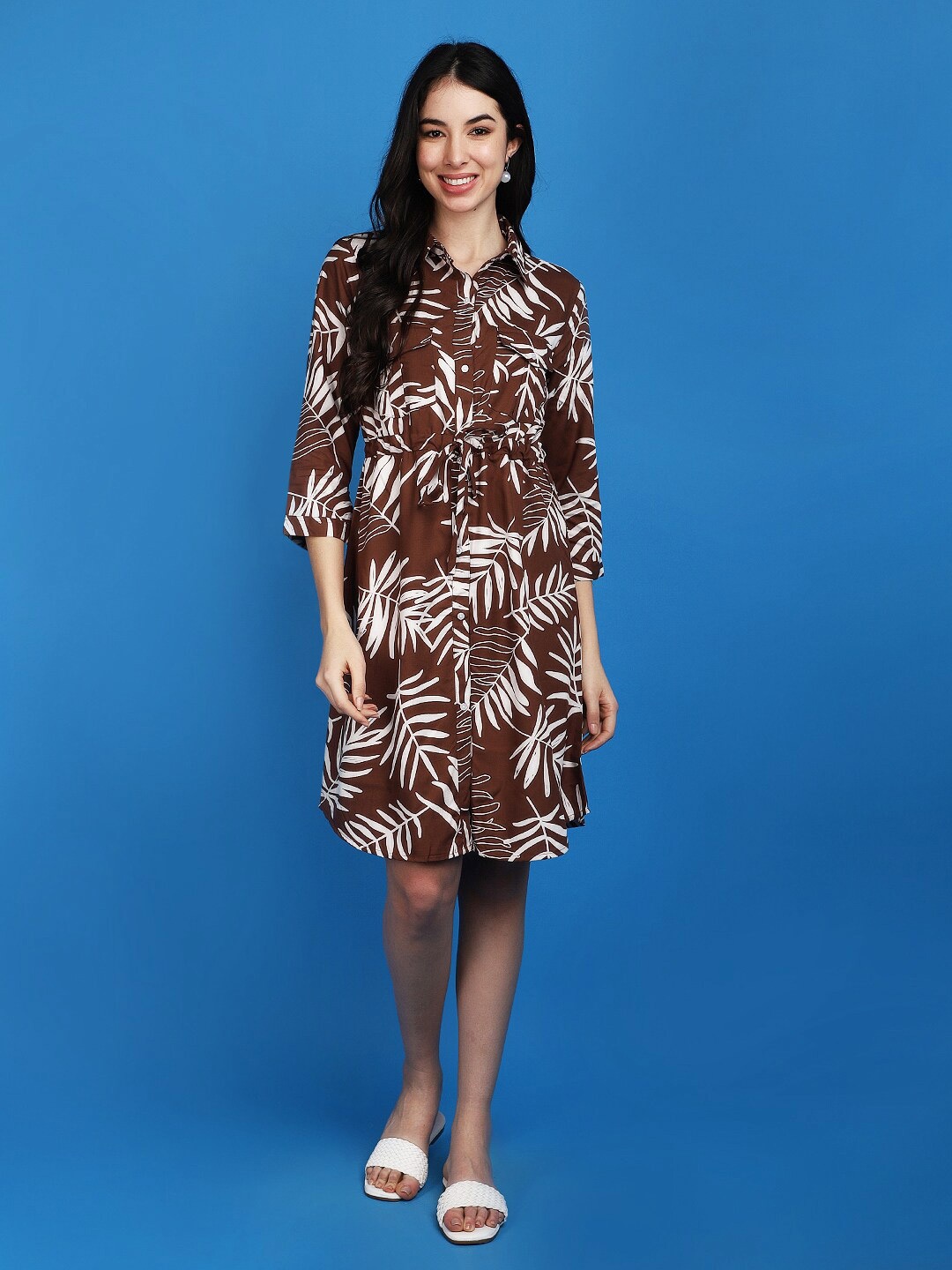 

V-Mart Printed Shirt Collar Above Knee Shirt Dress, Brown