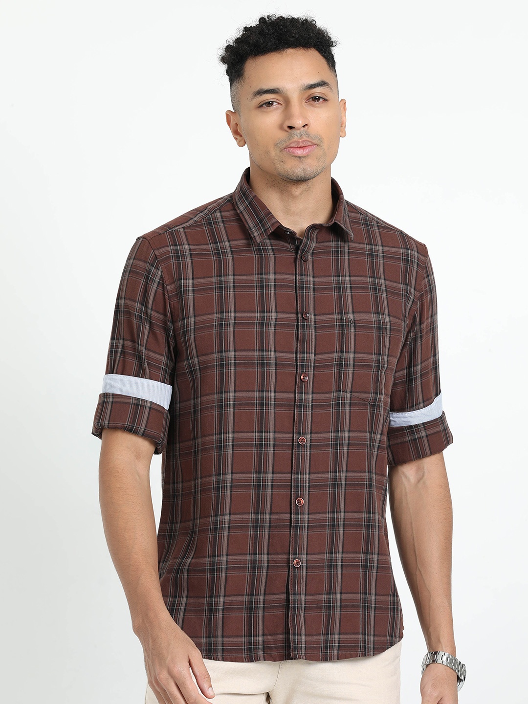 

Classic Polo Tartan Checks Spread Collar Slim Fit Cotton Opaque Casual Shirt, Brown