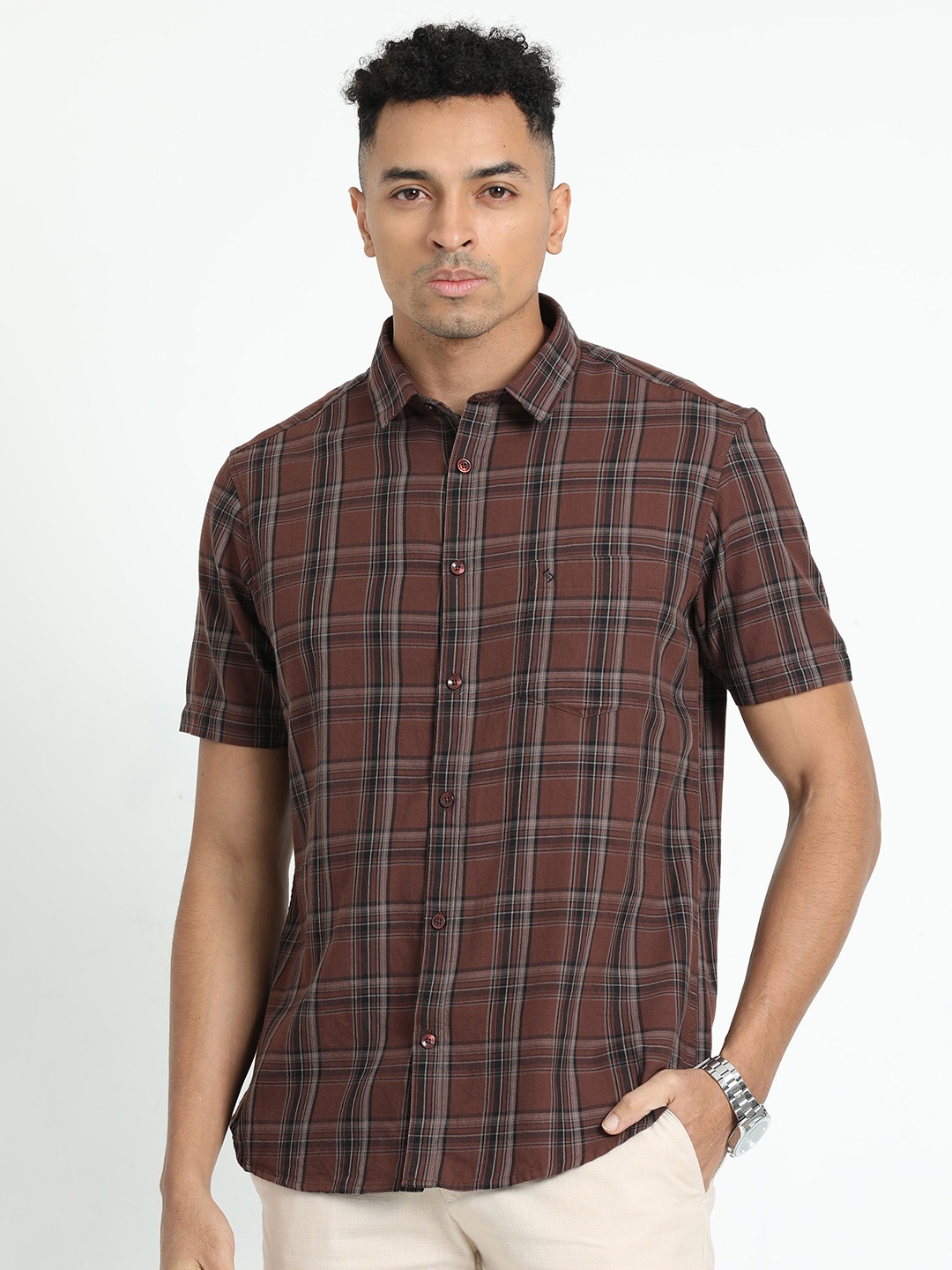 

Classic Polo India Slim Slim Fit Tartan Checks Cotton Casual Shirt, Brown