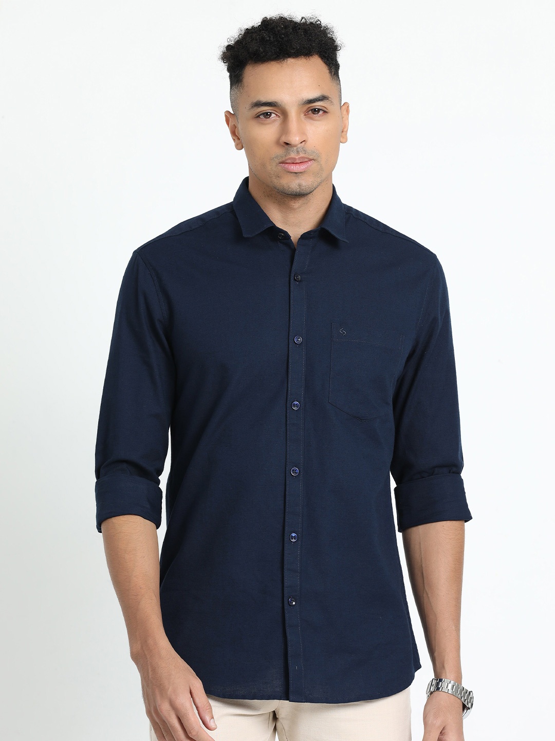 

Classic Polo Spread Collar Slim Fit Opaque Casual Shirt, Navy blue