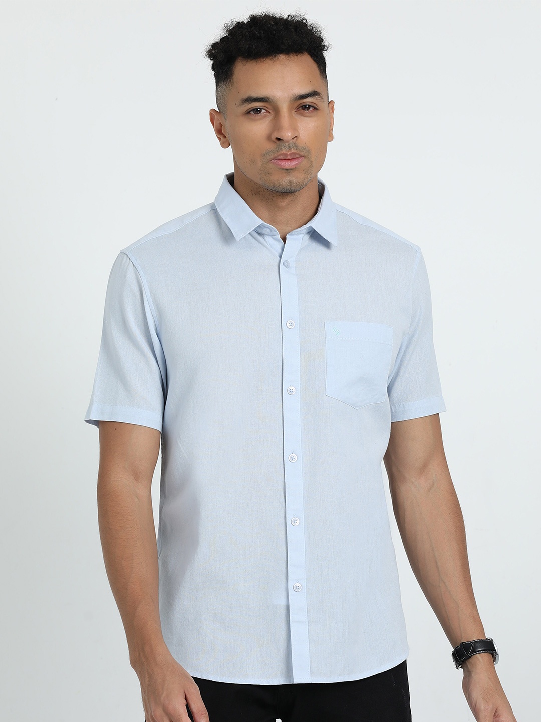 

Classic Polo Spread Collar Short Sleeves Slim Fit Opaque Casual Shirt, Blue