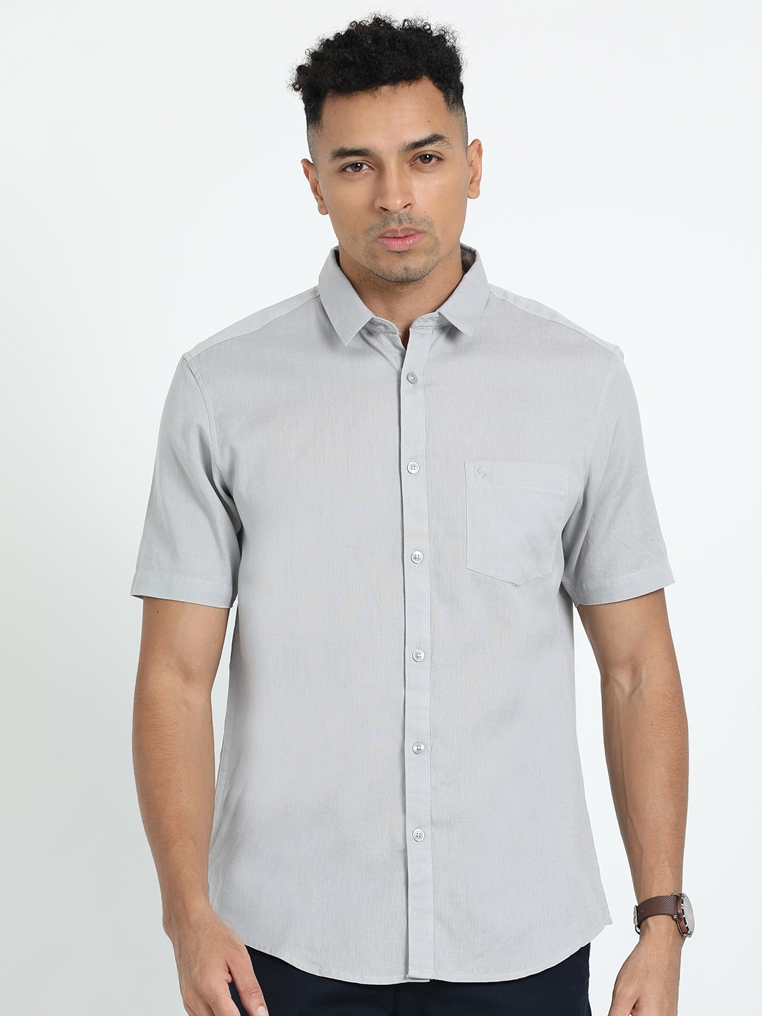 

Classic Polo Spread Collar Short Sleeves Slim Fit Opaque Casual Shirt, Grey