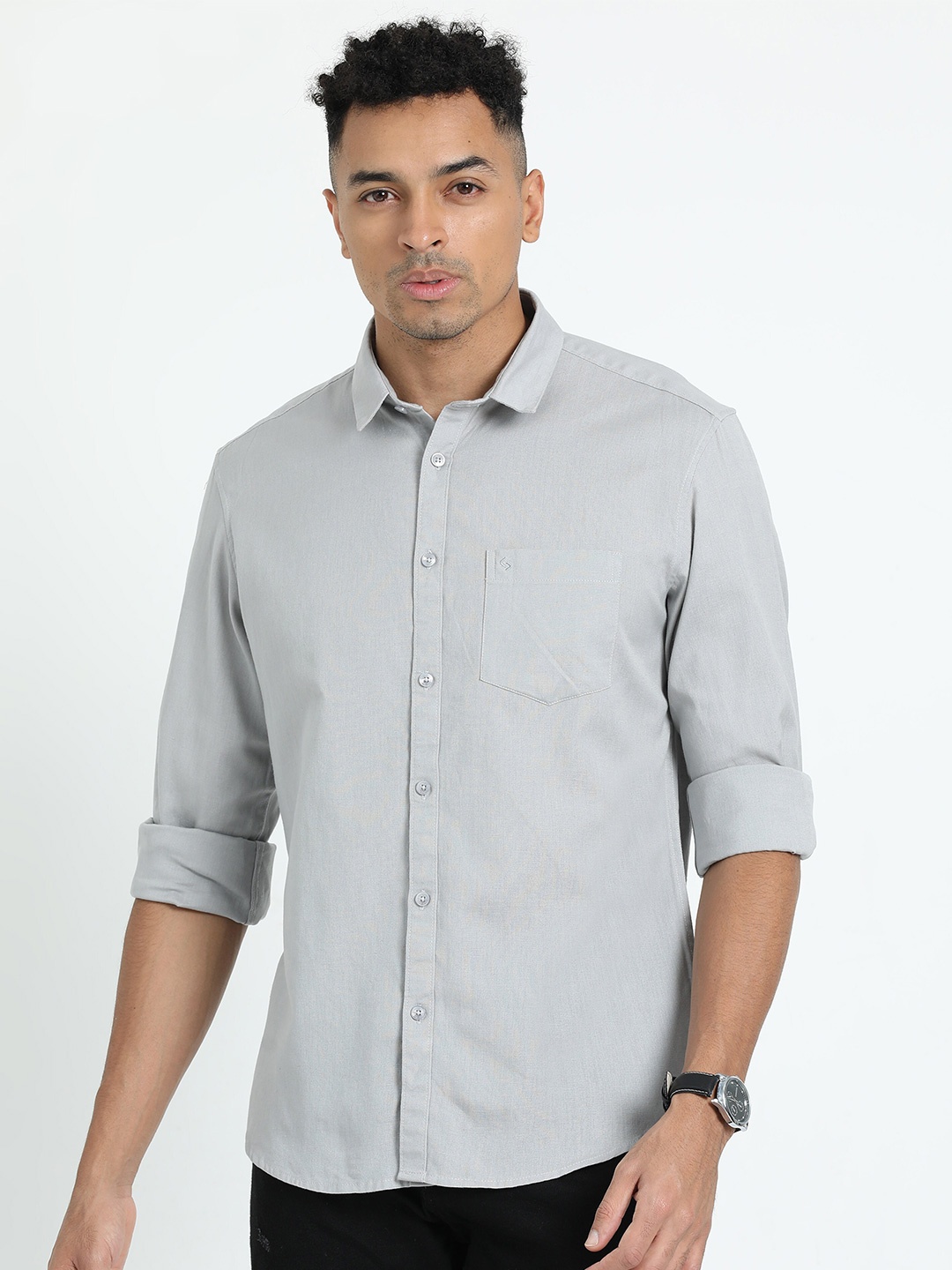

Classic Polo Spread Collar Slim Fit Opaque Casual Shirt, Grey