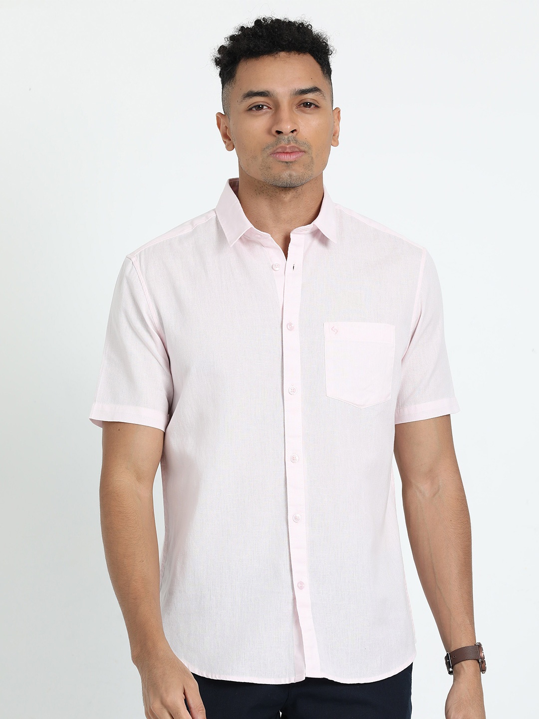 

Classic Polo Spread Collar Short Sleeves Slim Fit Opaque Casual Shirt, Pink