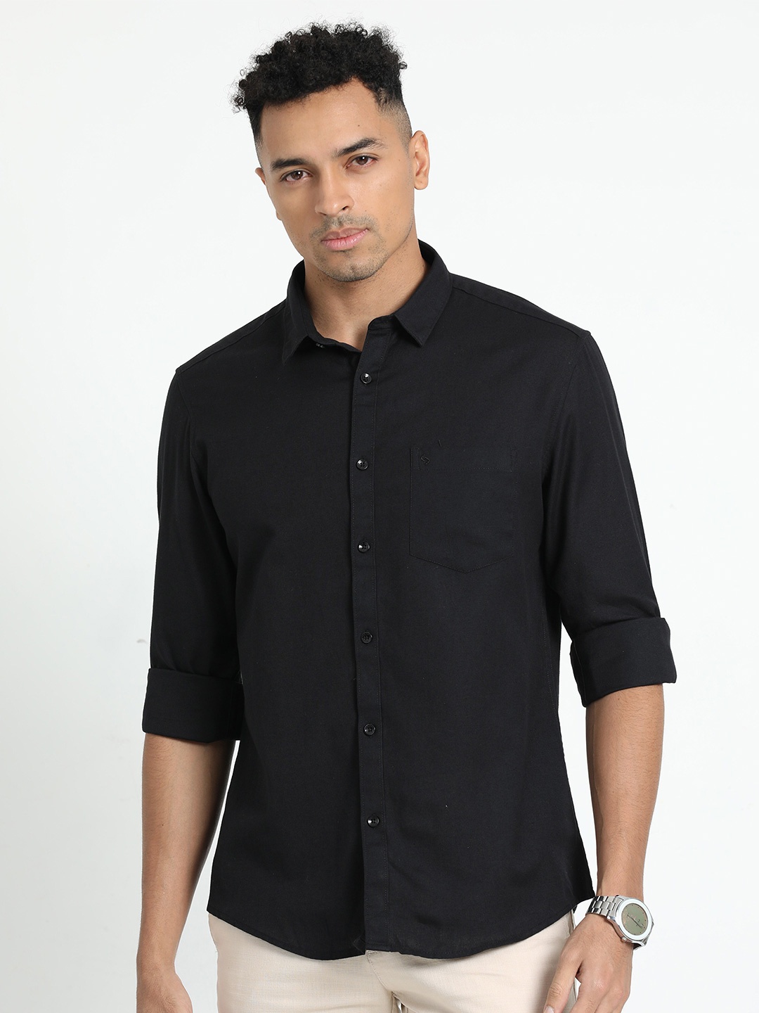 

Classic Polo Spread Collar Slim Fit Opaque Casual Shirt, Black
