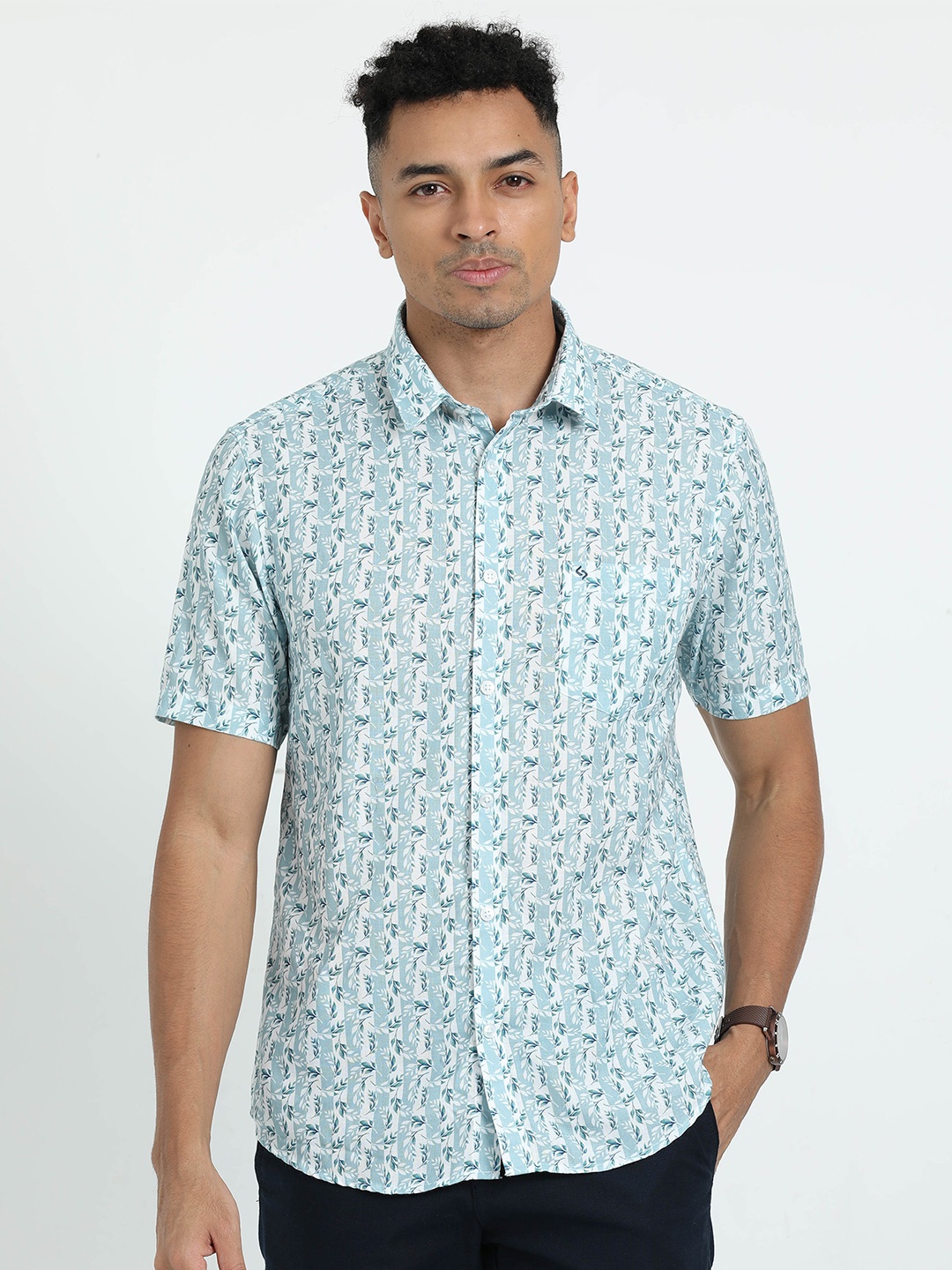 

Classic Polo Spread Collar Slim Fit Floral Cotton Opaque Printed Casual Shirt, Blue