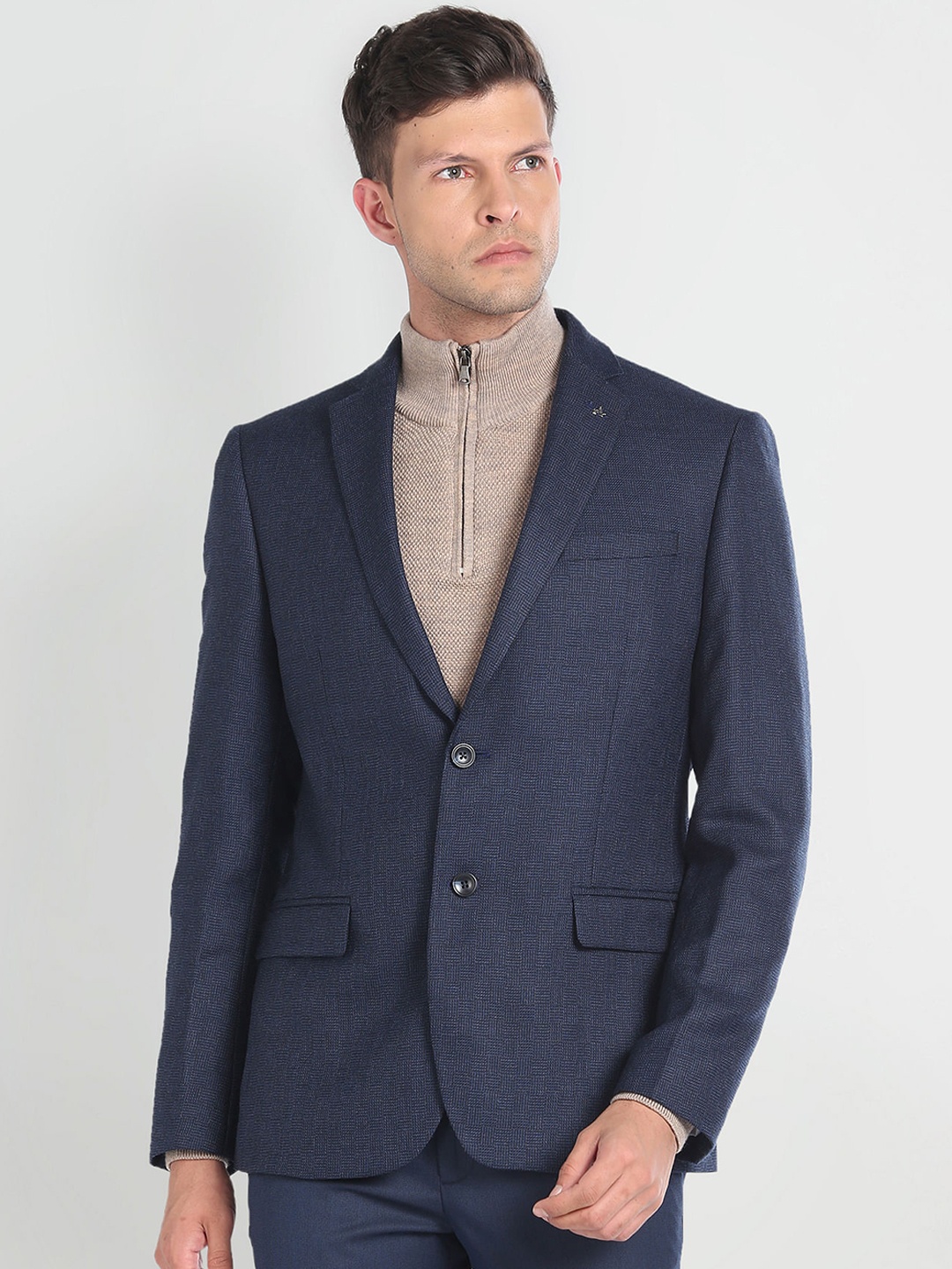 

Arrow Patterned Notched Lapel Long Sleeves Single Breasted Blazers, Blue