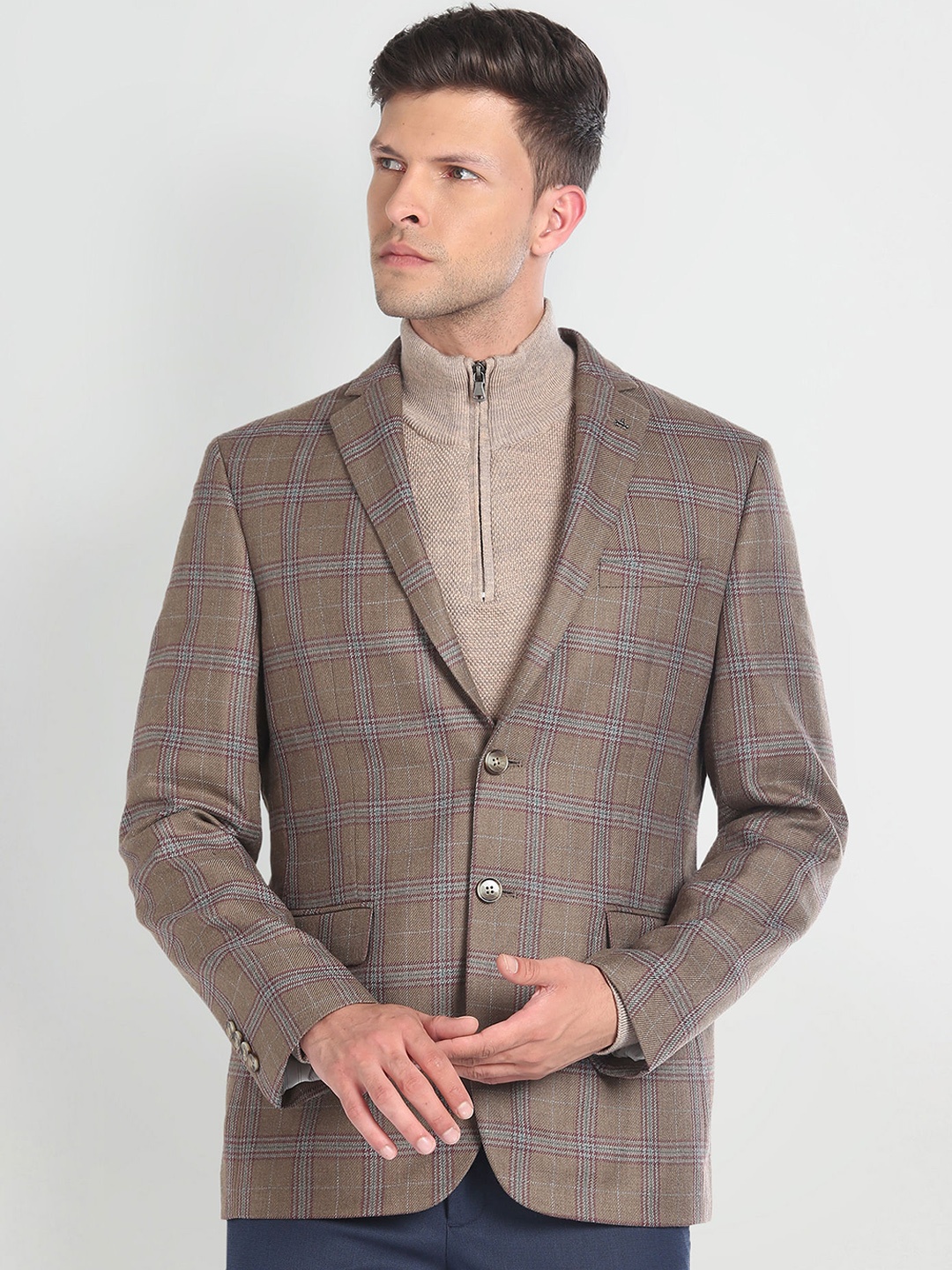 

Arrow Tartan Checked Notched Lapel Long Sleeves Single Breasted Blazers, Brown