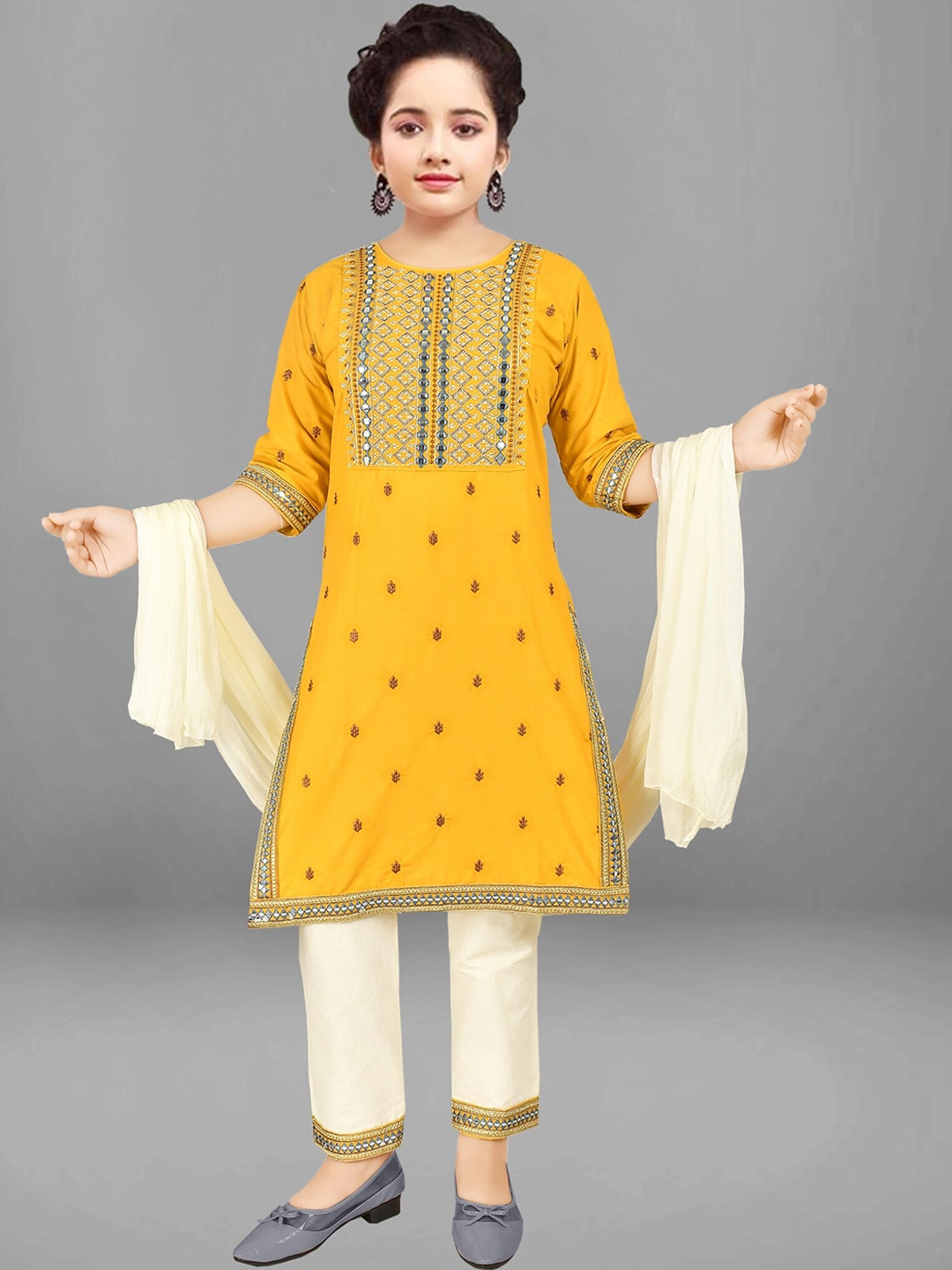 

BAESD Girls Embroidered Regular Thread Work Pure Cotton Kurta with Trousers & Dupatta, Yellow