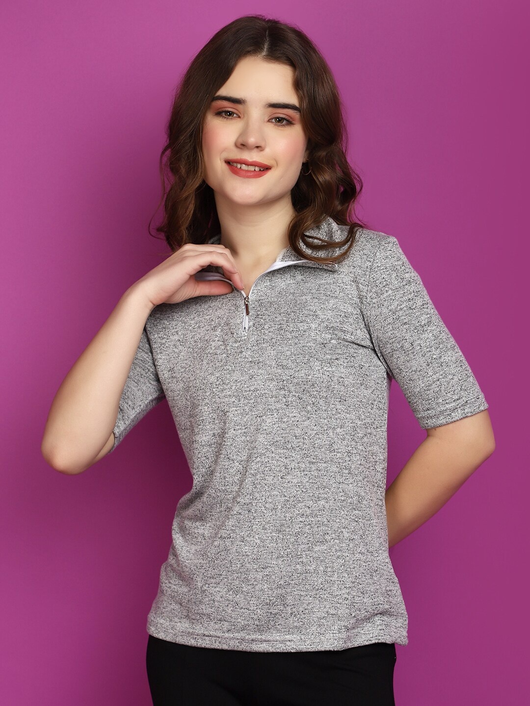 

V-Mart Shirt Collar Short Sleeves Cotton Top, Grey melange