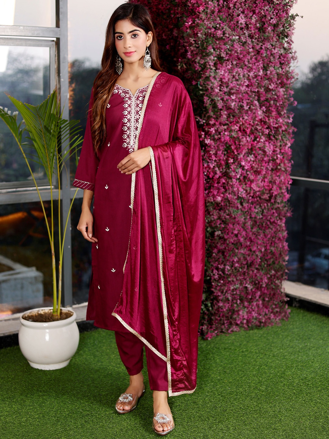 

J.KANJI Floral Embroidered Gotta Patti Straight Kurta With Trousers & Dupatta, Maroon