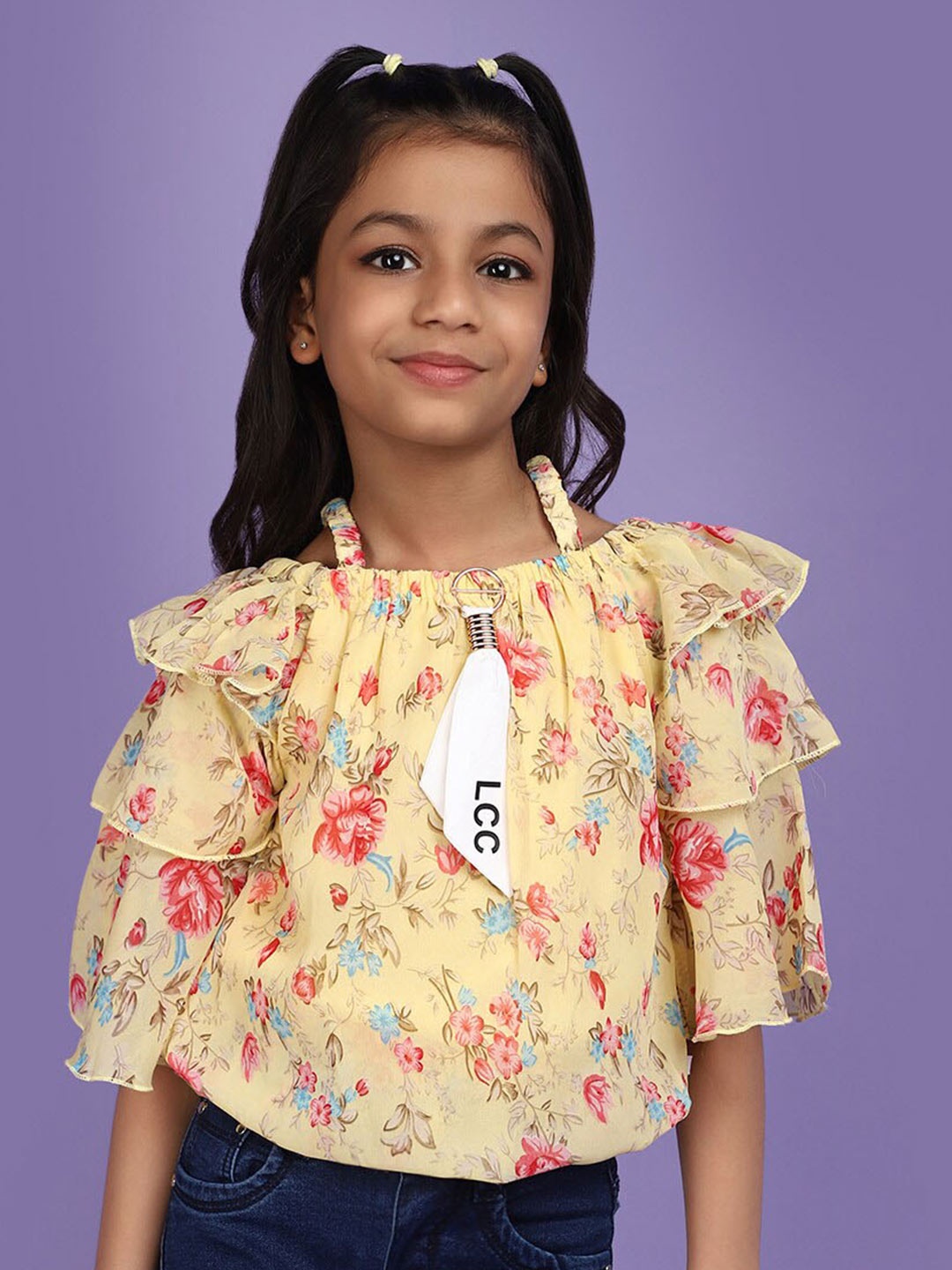 

V-Mart Floral Print Cold-Shoulder Cotton Top, Yellow