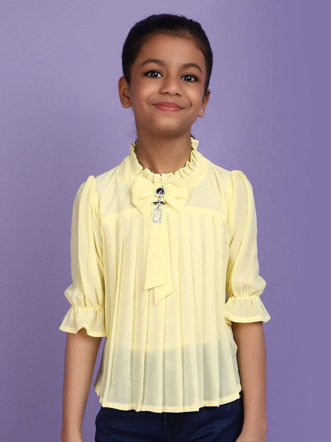 

V-Mart Mandarin Collar Bell Sleeve Cotton Top, Yellow
