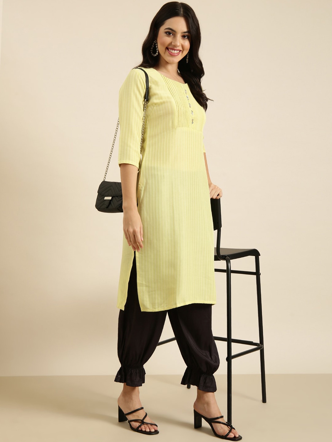 

SHOWOFF Flared Sleeves Thread Work Cotton Pastels Kurta, Yellow