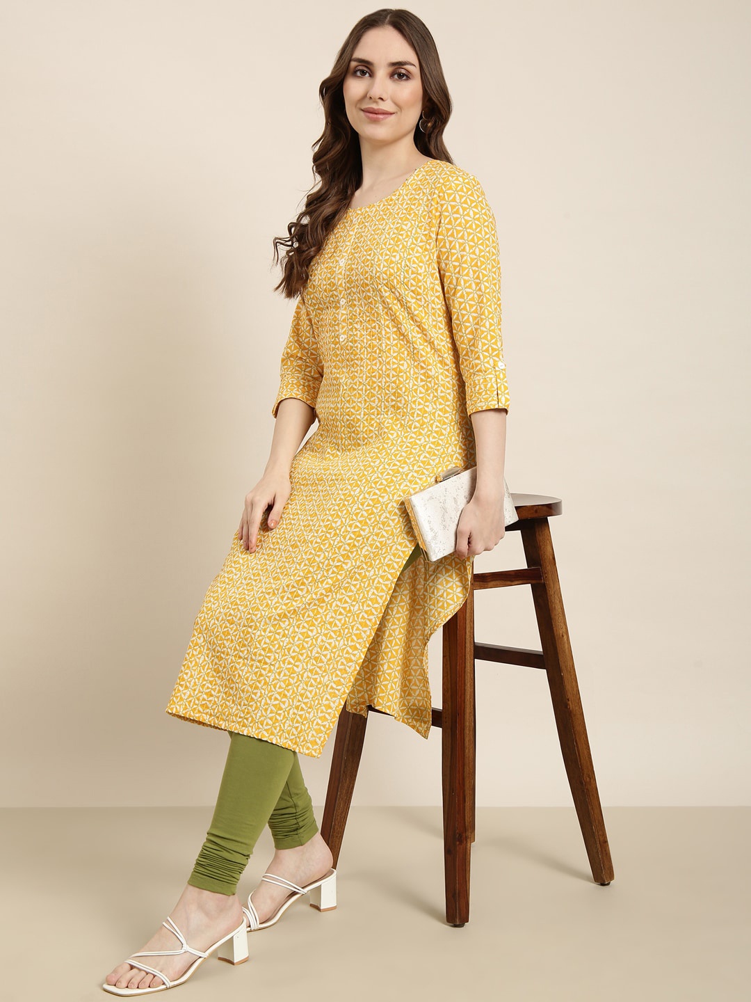 

SHOWOFF Ethnic Motifs Printed Thread Work Floral Cotton Kurta, Yellow