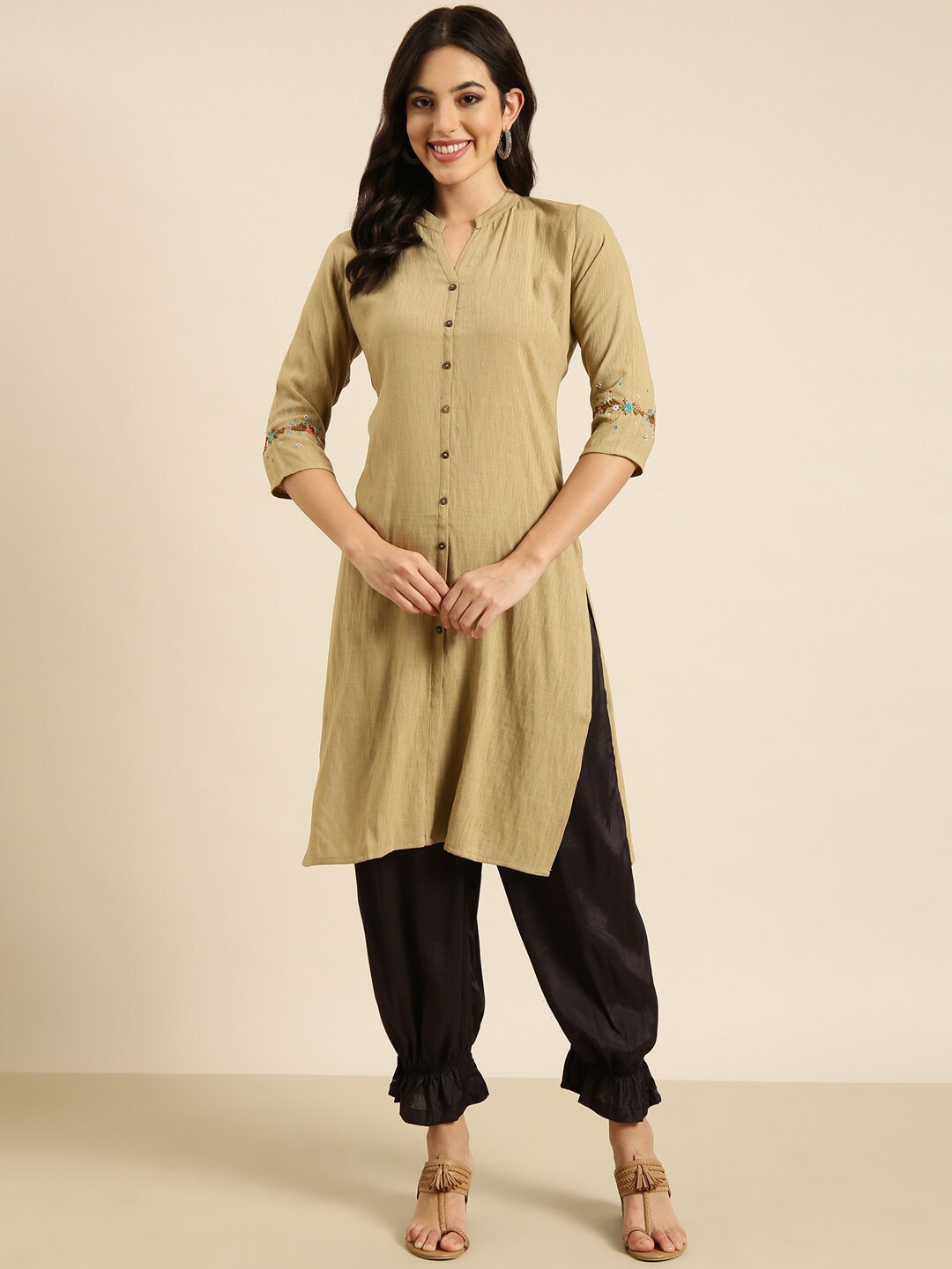 

SHOWOFF Band Collar Thread Work Cotton Straight Kurta, Beige