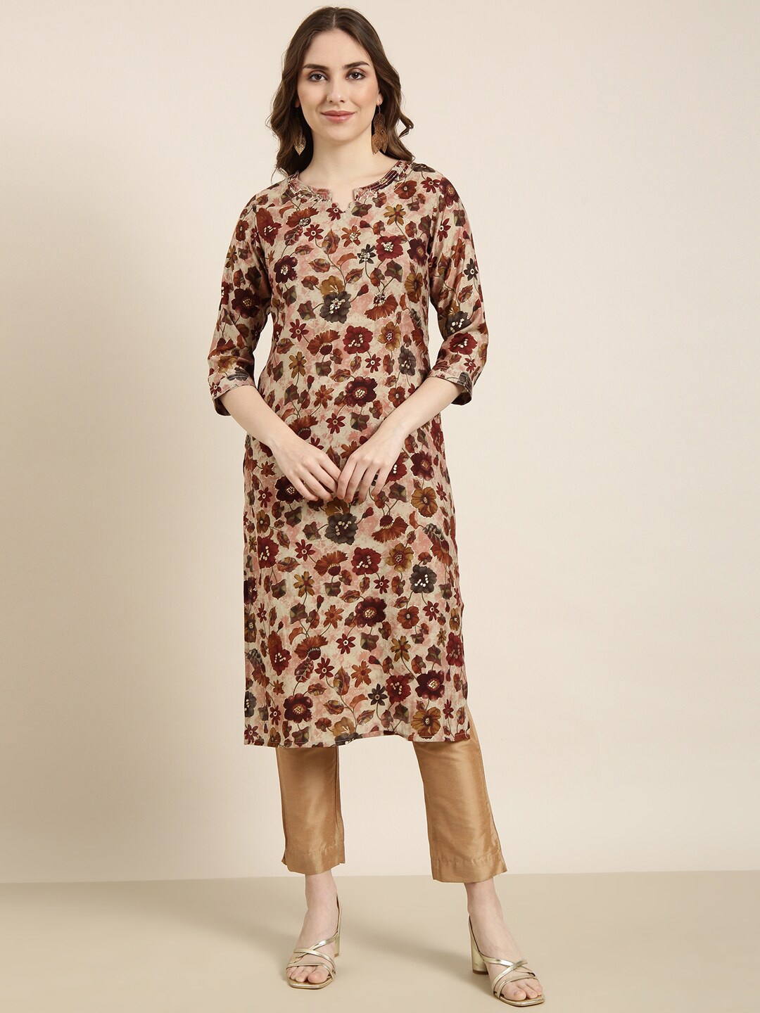 SHOWOFF Floral Printed Notch Neck Sequinned Cotton Straight Kurta, Maroon