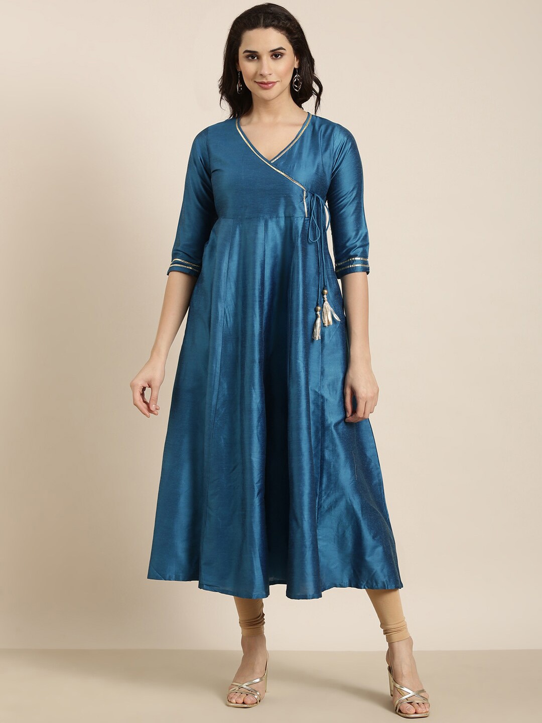 

SHOWOFF V-Neck Gotta Patti Raw Silk Angrakha Anarkali Kurta, Blue