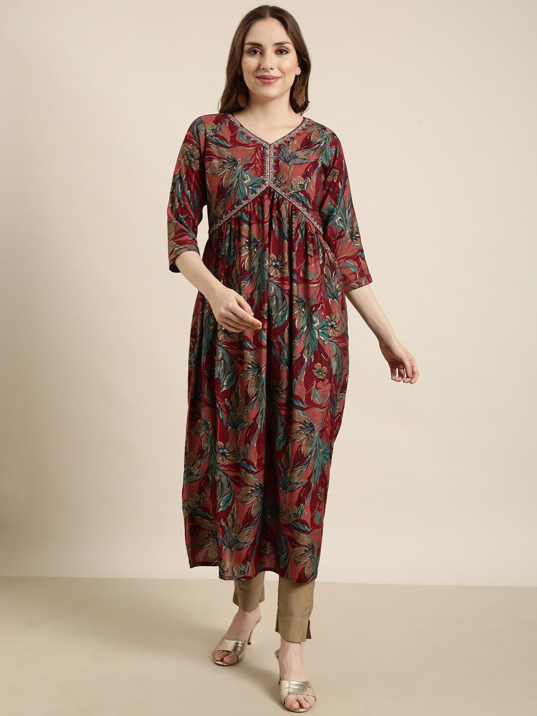 SHOWOFF Floral Printed V-Neck Beads & Stones Cotton Empire Anarkali Kurta, Maroon