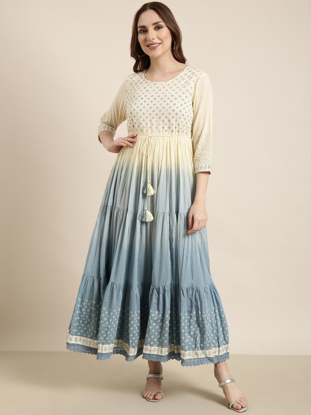 SHOWOFF Ethnic Motifs Printed Round Neck Sequinned Ombre Cotton Tiered Anarkali Kurta, Yellow