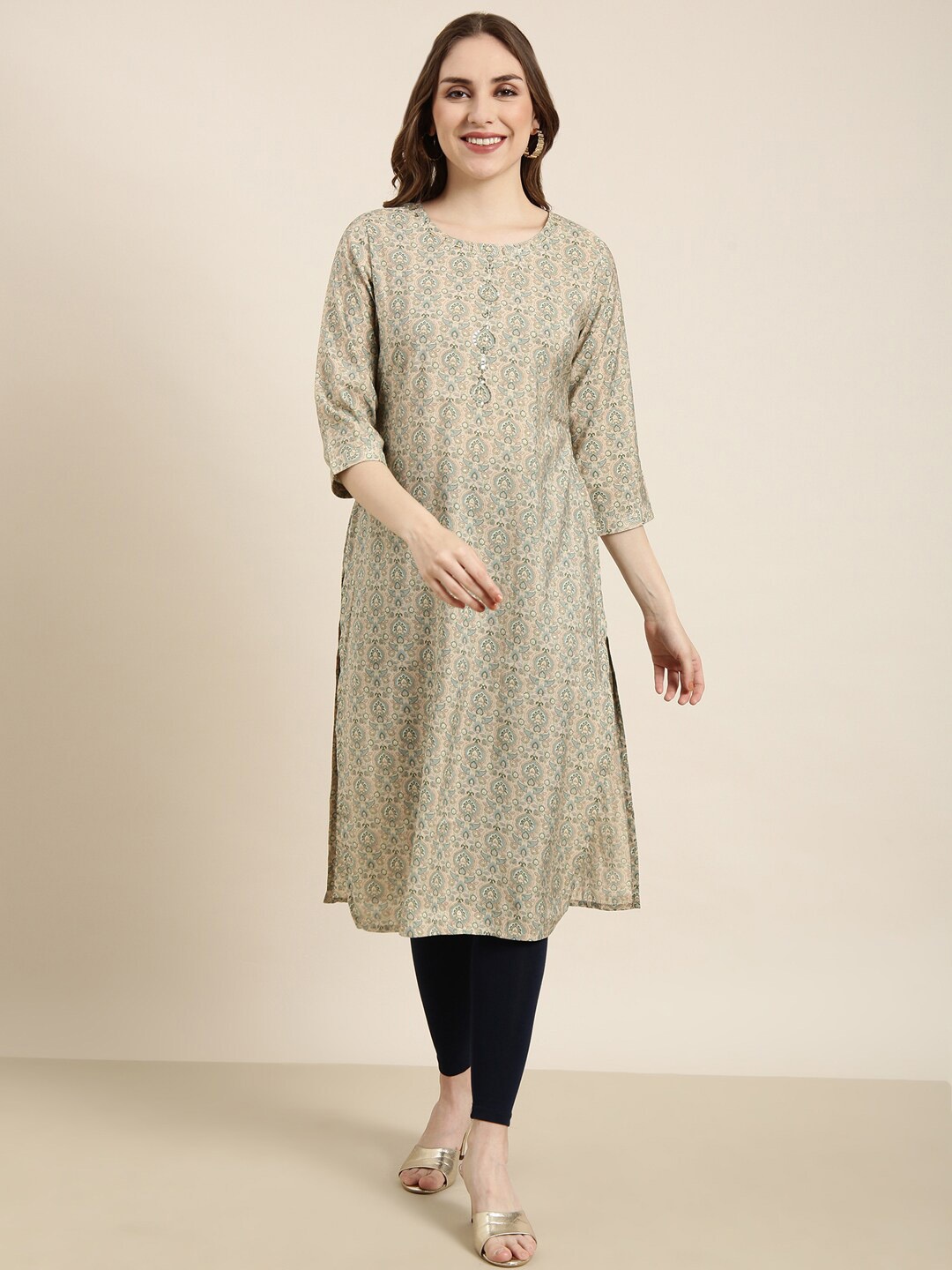

SHOWOFF Women Ethnic Motifs Printed Thread Work Indie Prints Kurta, Beige