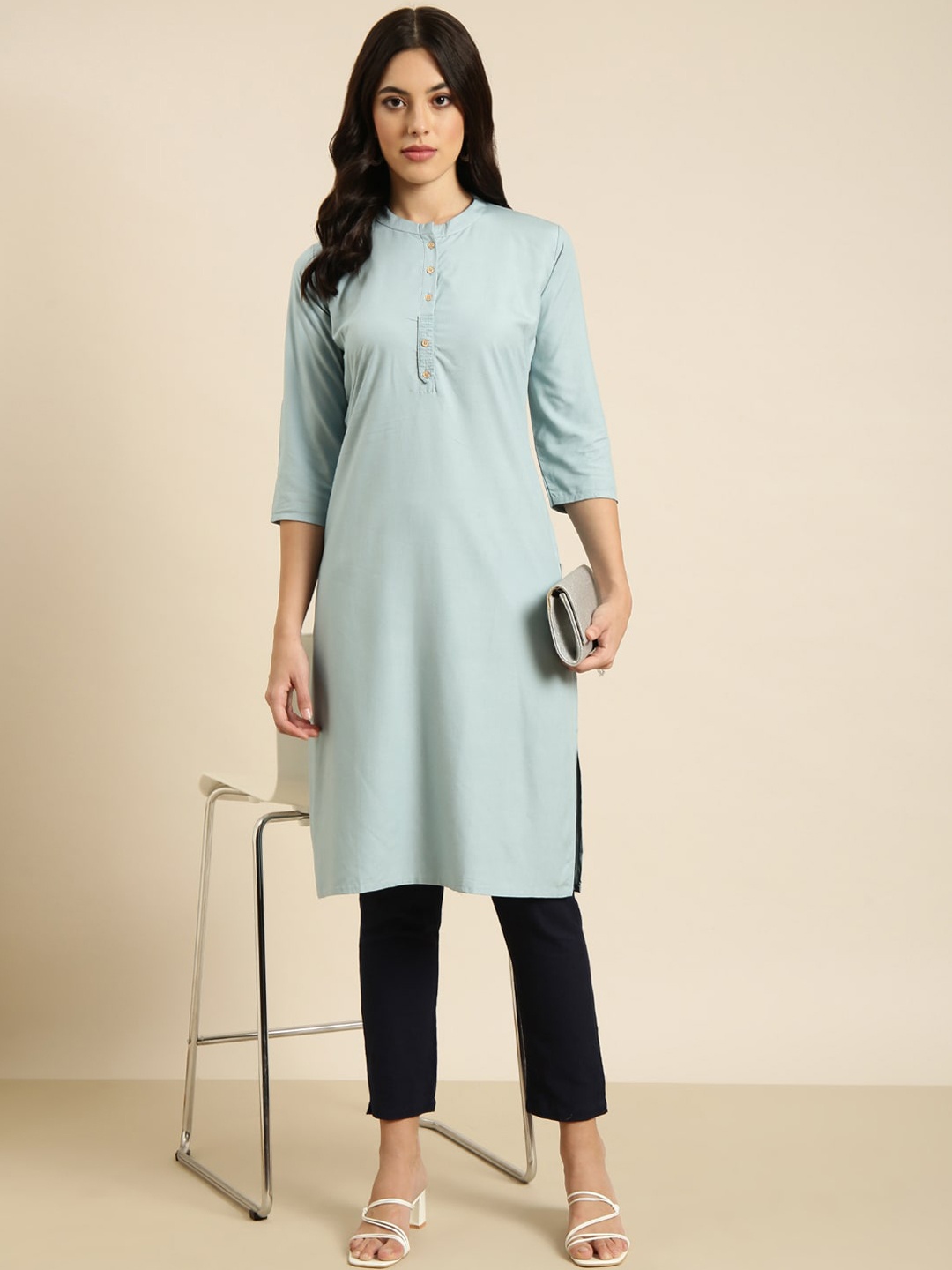 SHOWOFF Mandarin Collar Straight Kurta, Blue